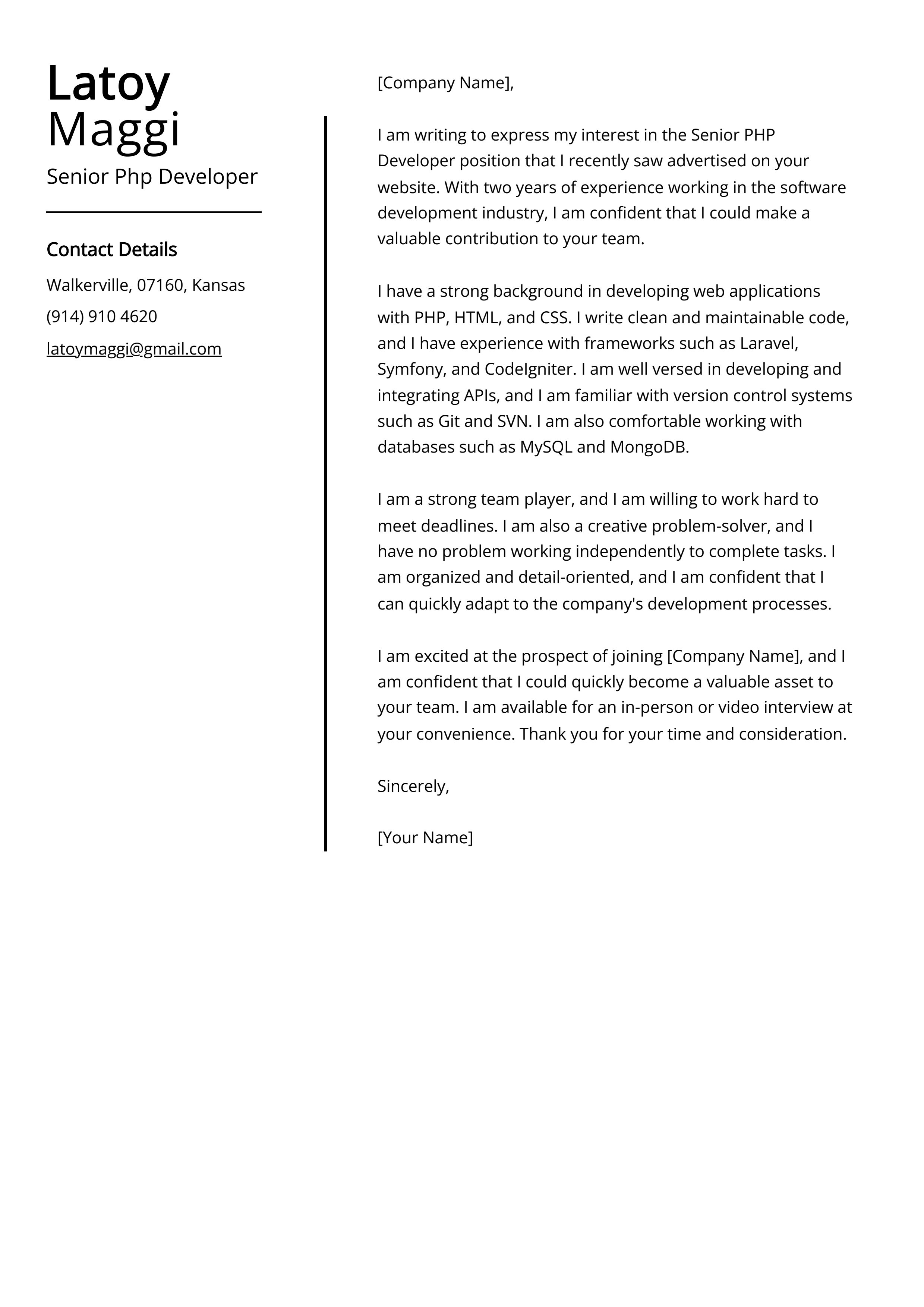 Senior Php Developer Cover Letter Example