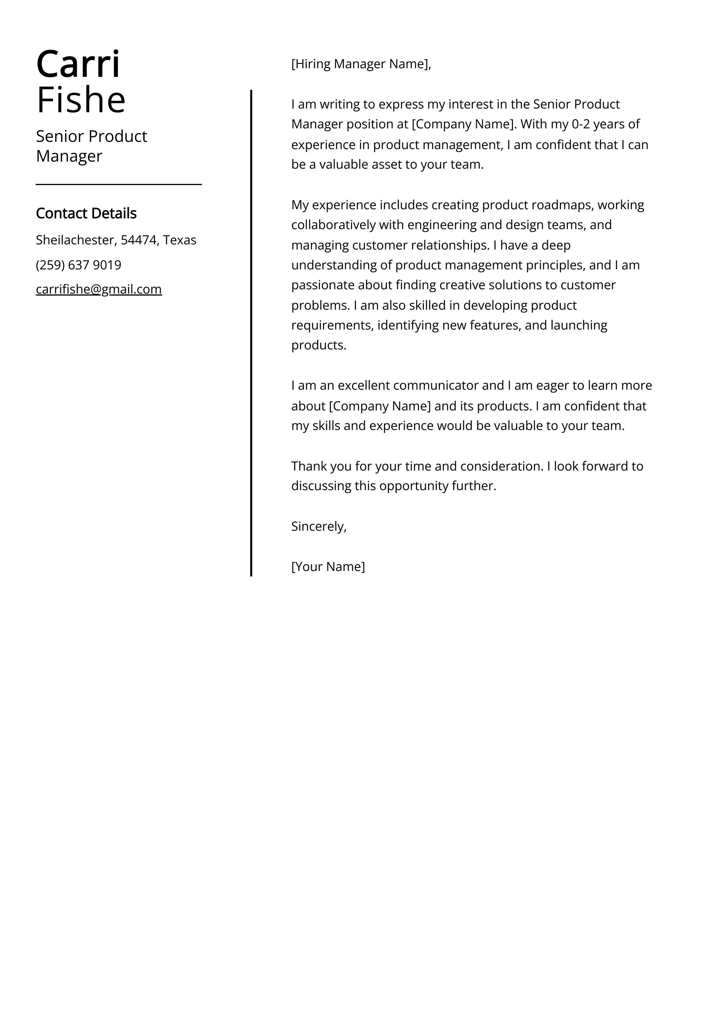 Senior Product Manager Cover Letter Example