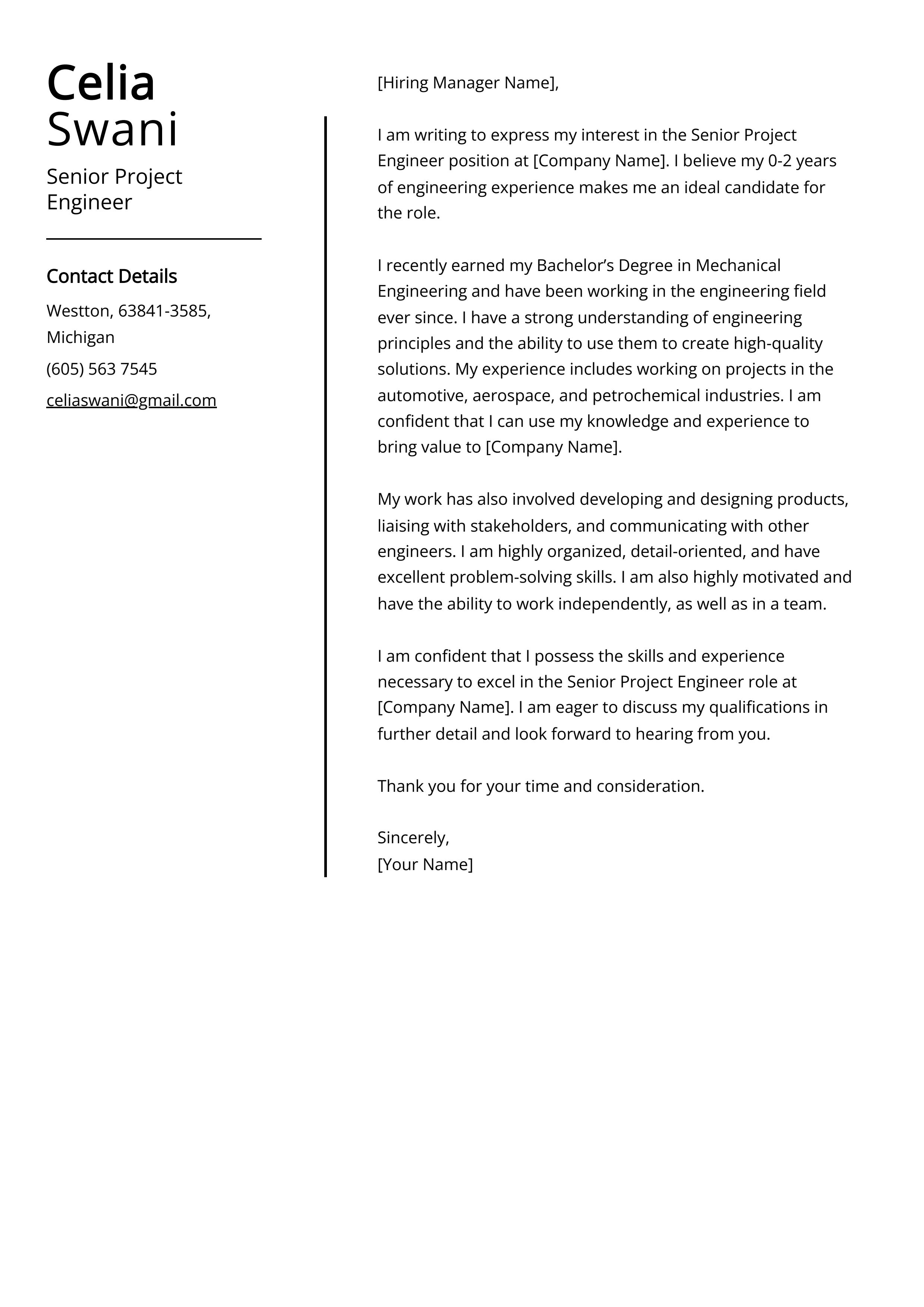 Senior Project Engineer Cover Letter Example