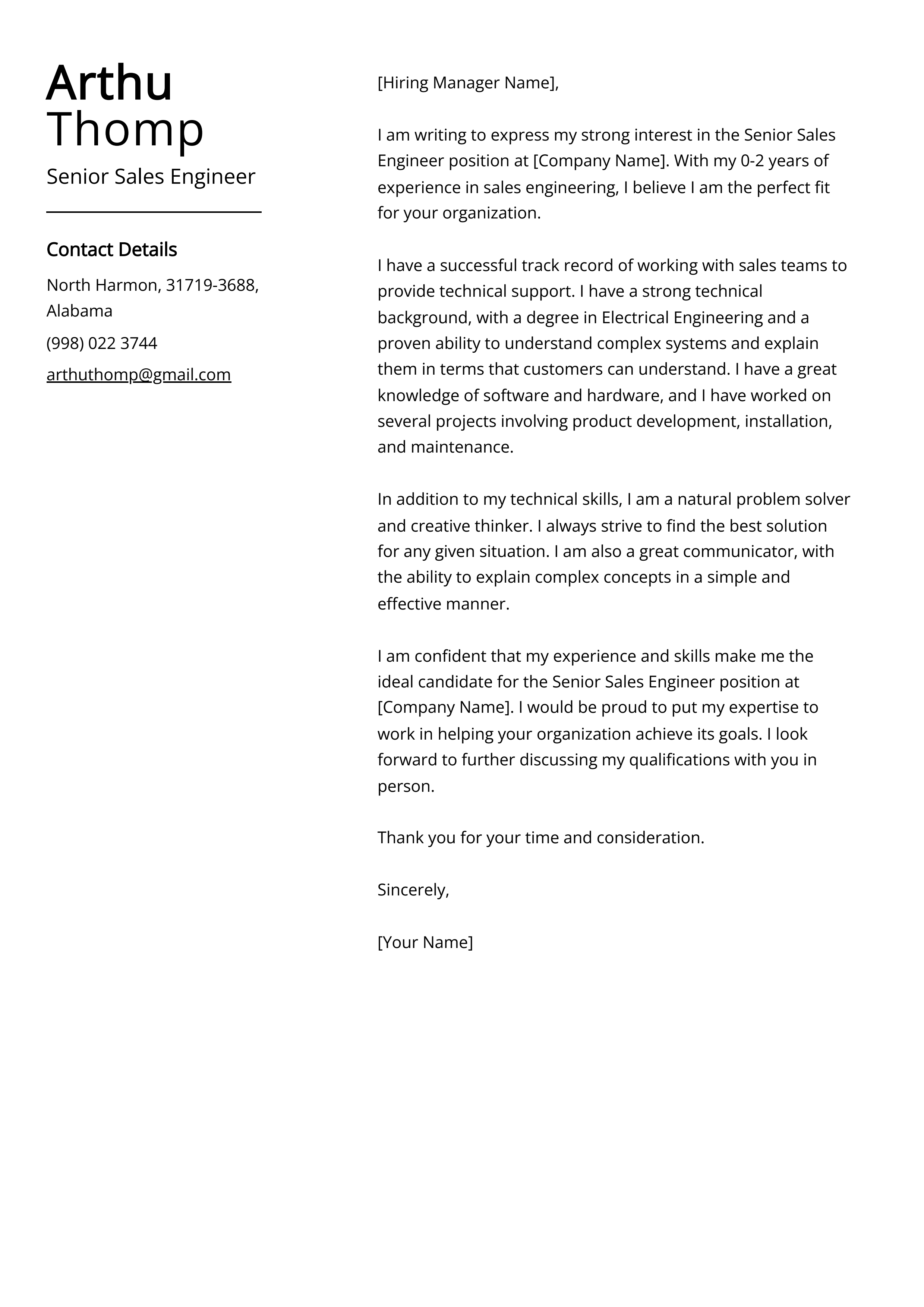 Senior Sales Engineer Cover Letter Example