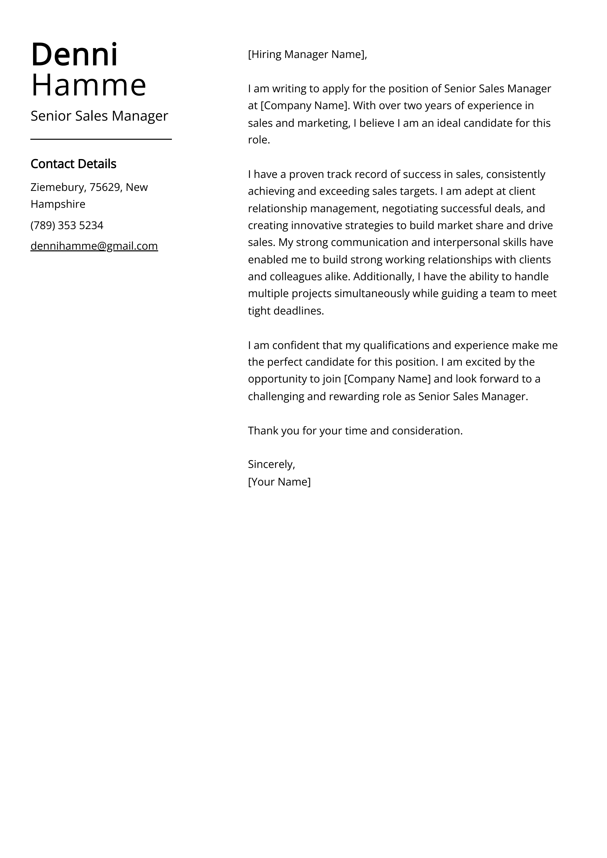 Senior Sales Manager Cover Letter Example