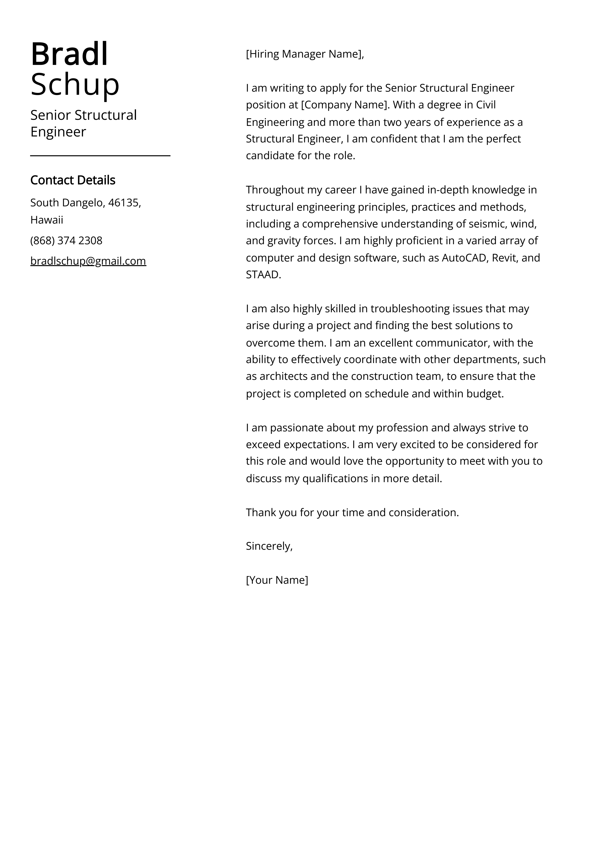 Senior Structural Engineer Cover Letter Example