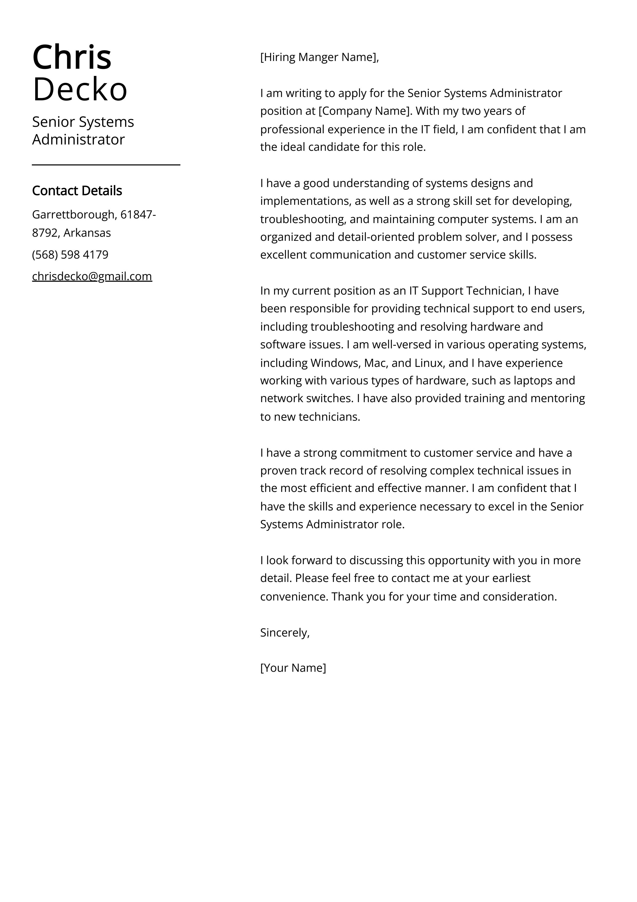 Senior Systems Administrator Cover Letter Example