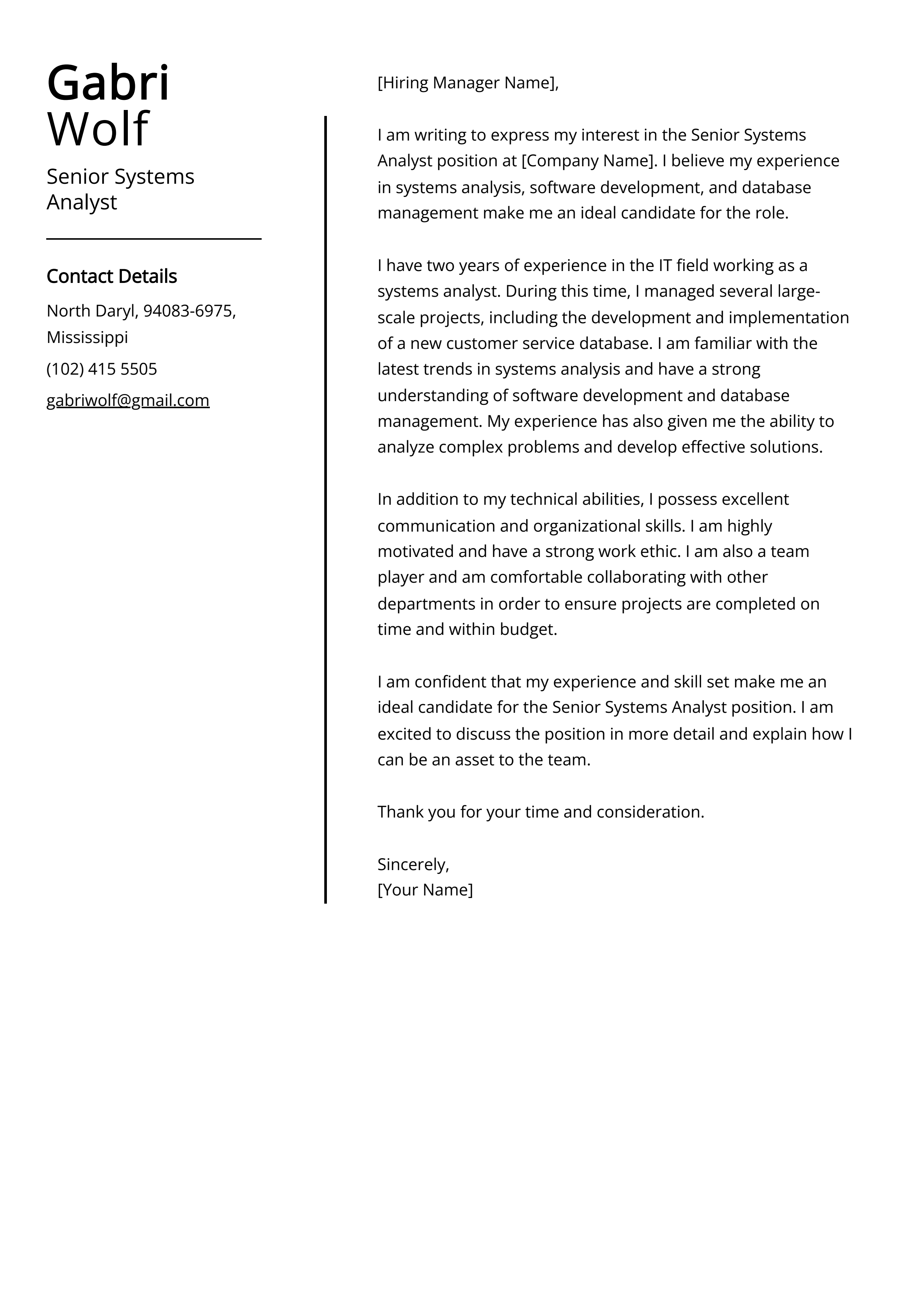 Senior Systems Analyst Cover Letter Example