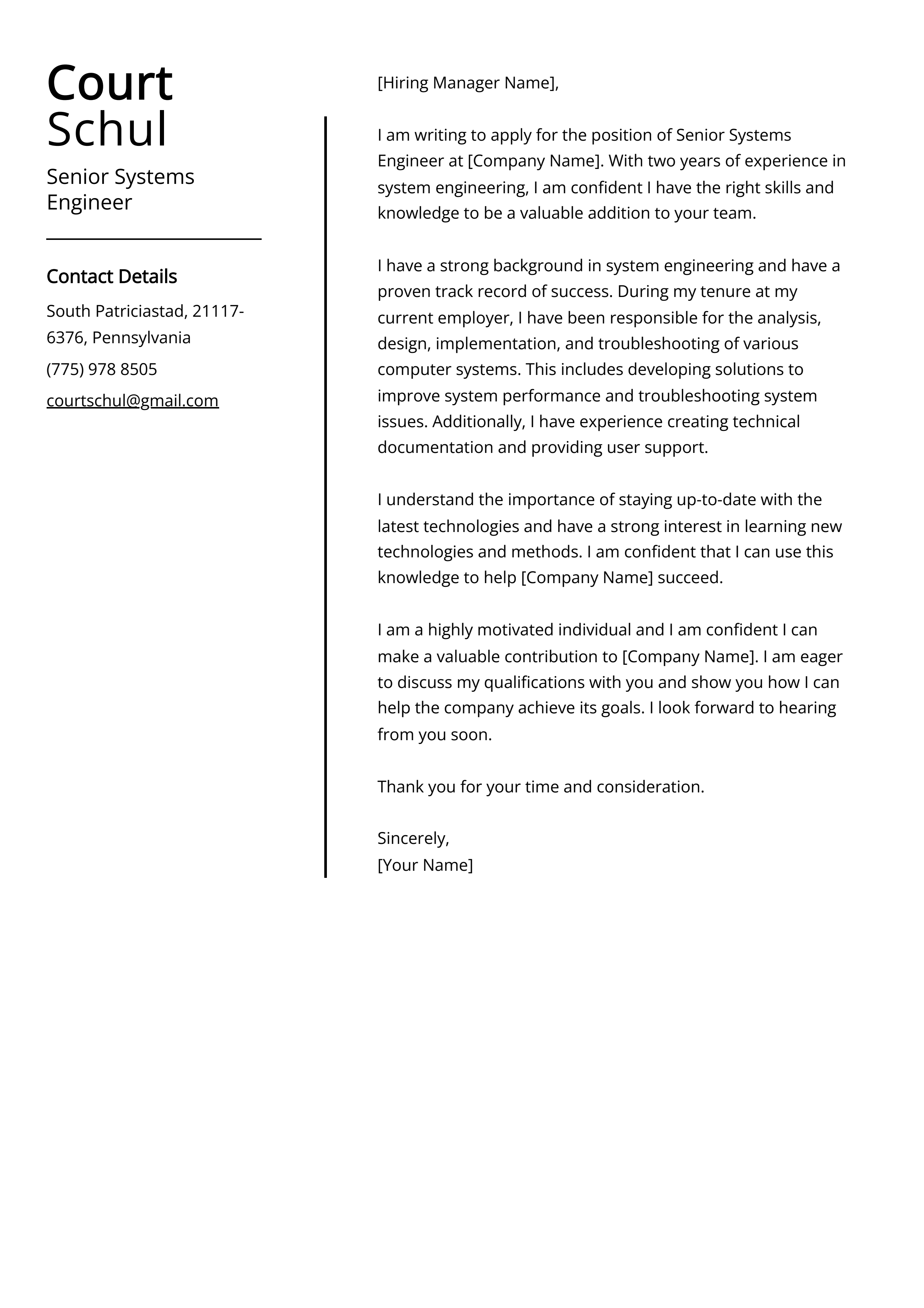 Senior Systems Engineer Cover Letter Example