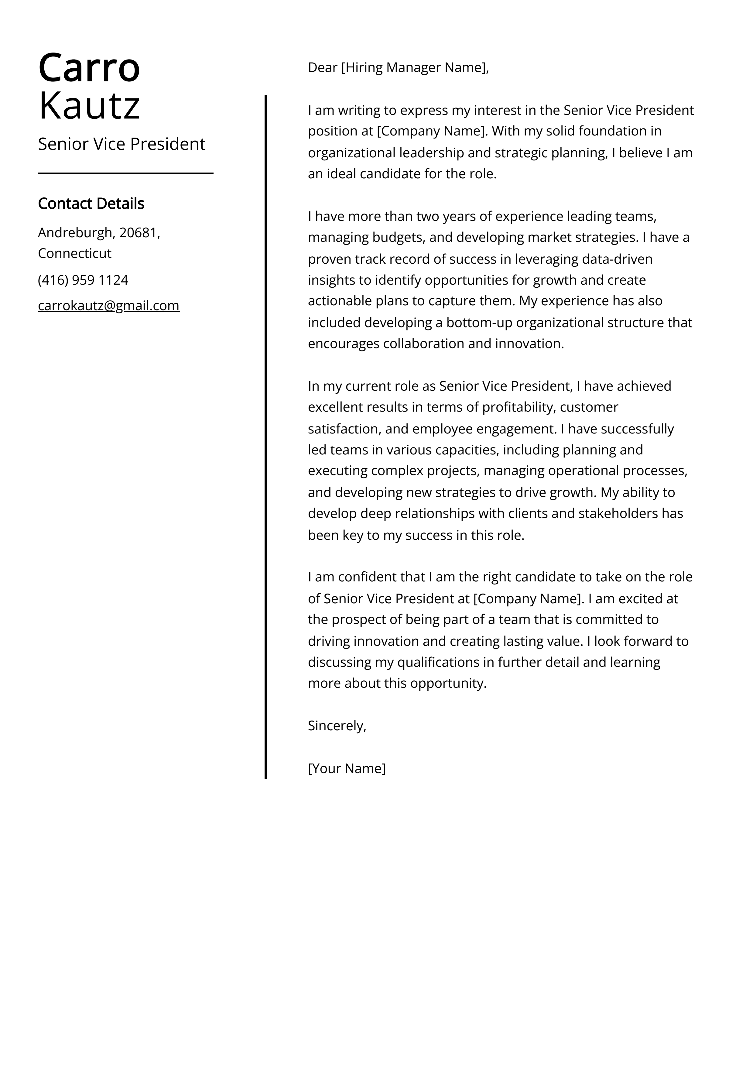 Senior Vice President Cover Letter Example