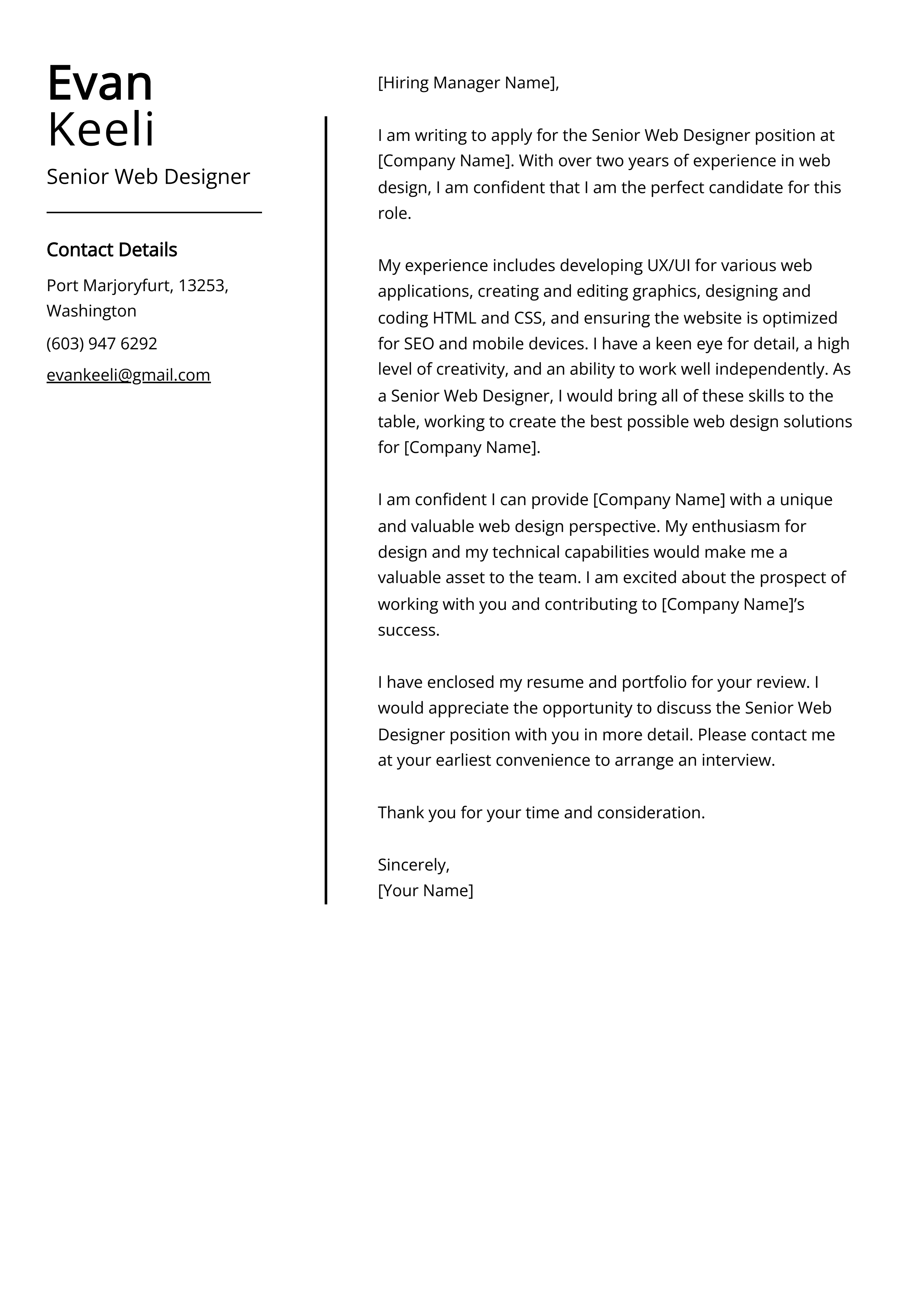 Senior Web Designer Cover Letter Example