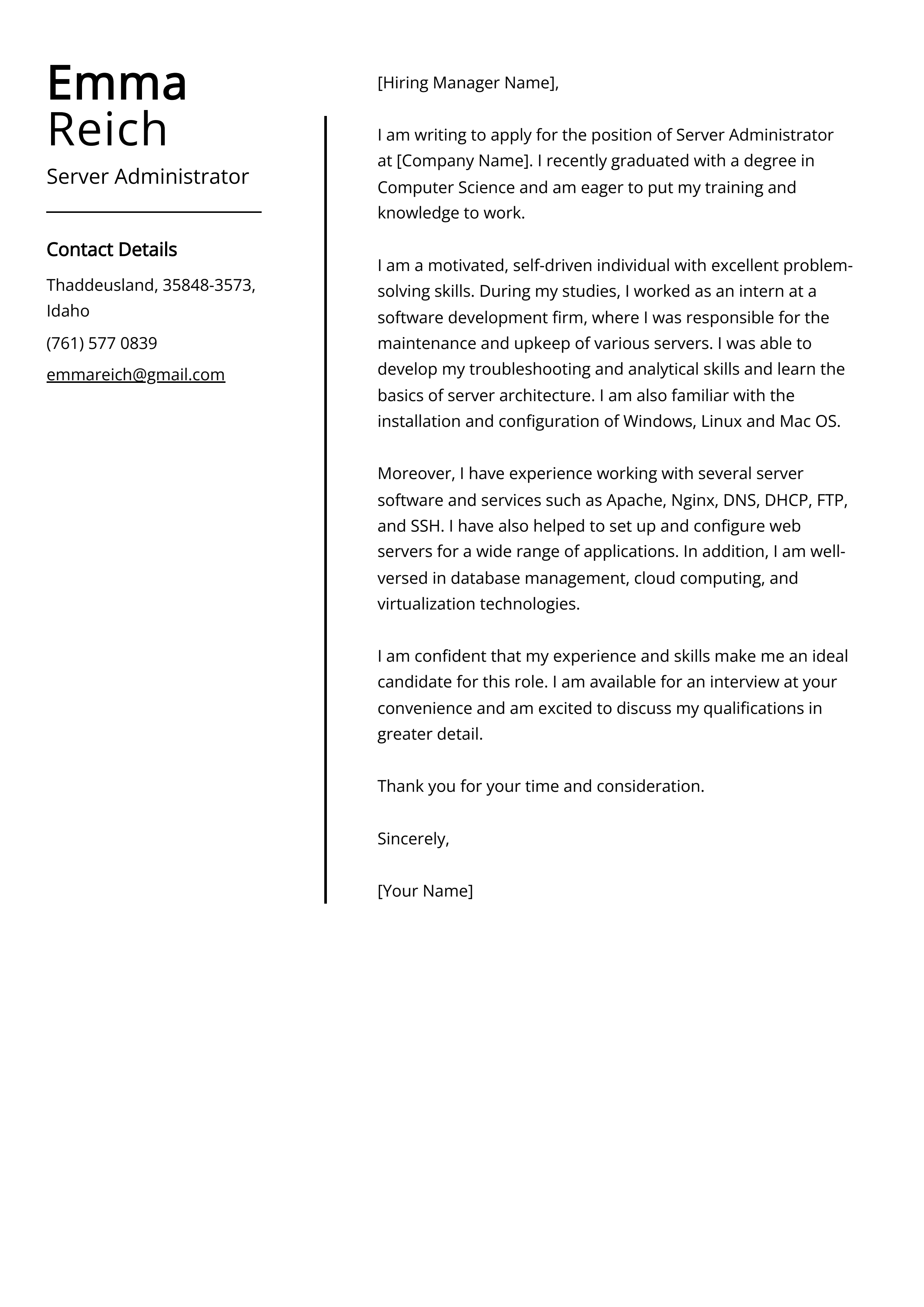 Server Administrator Cover Letter Example