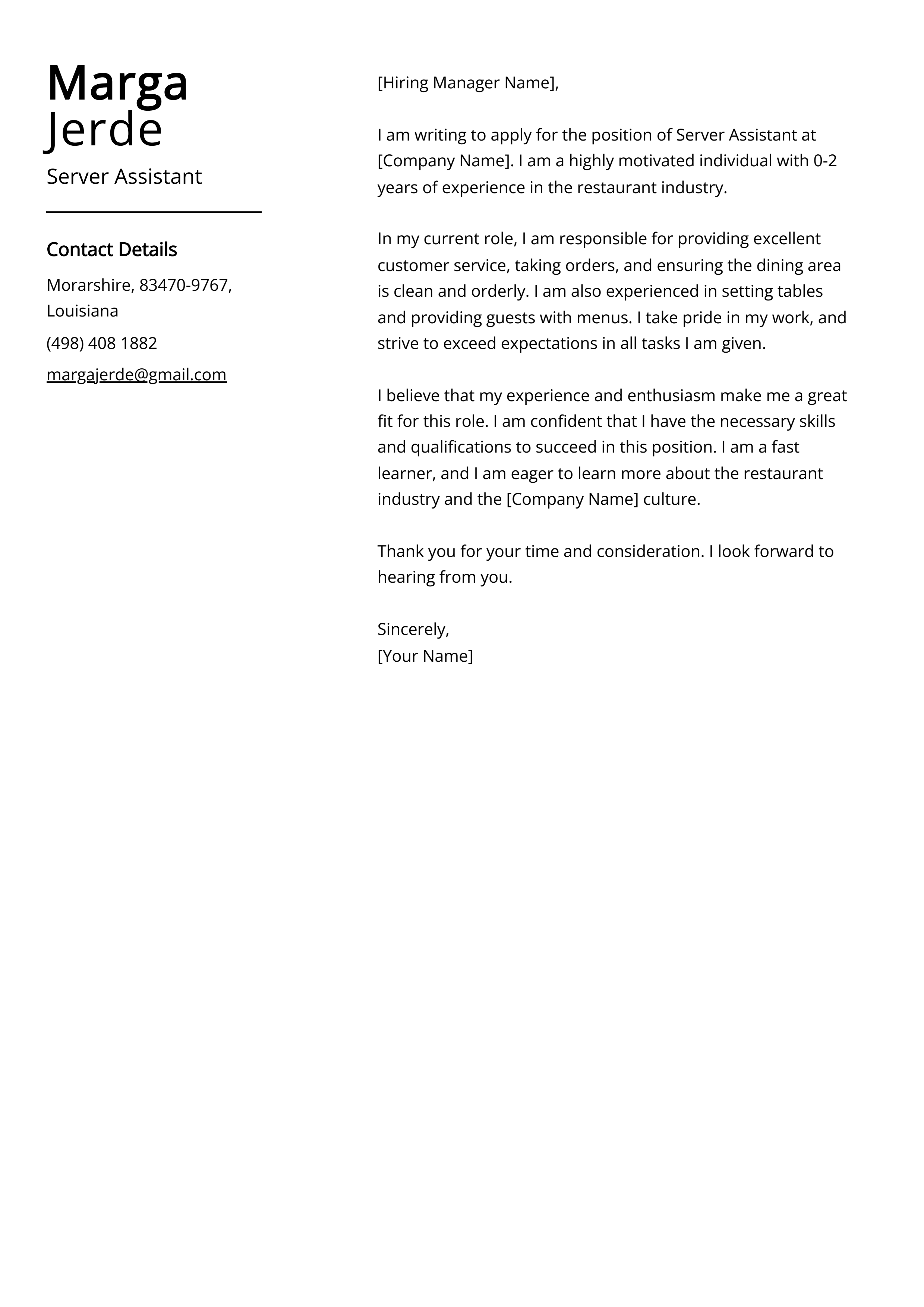 Server Assistant Cover Letter Example