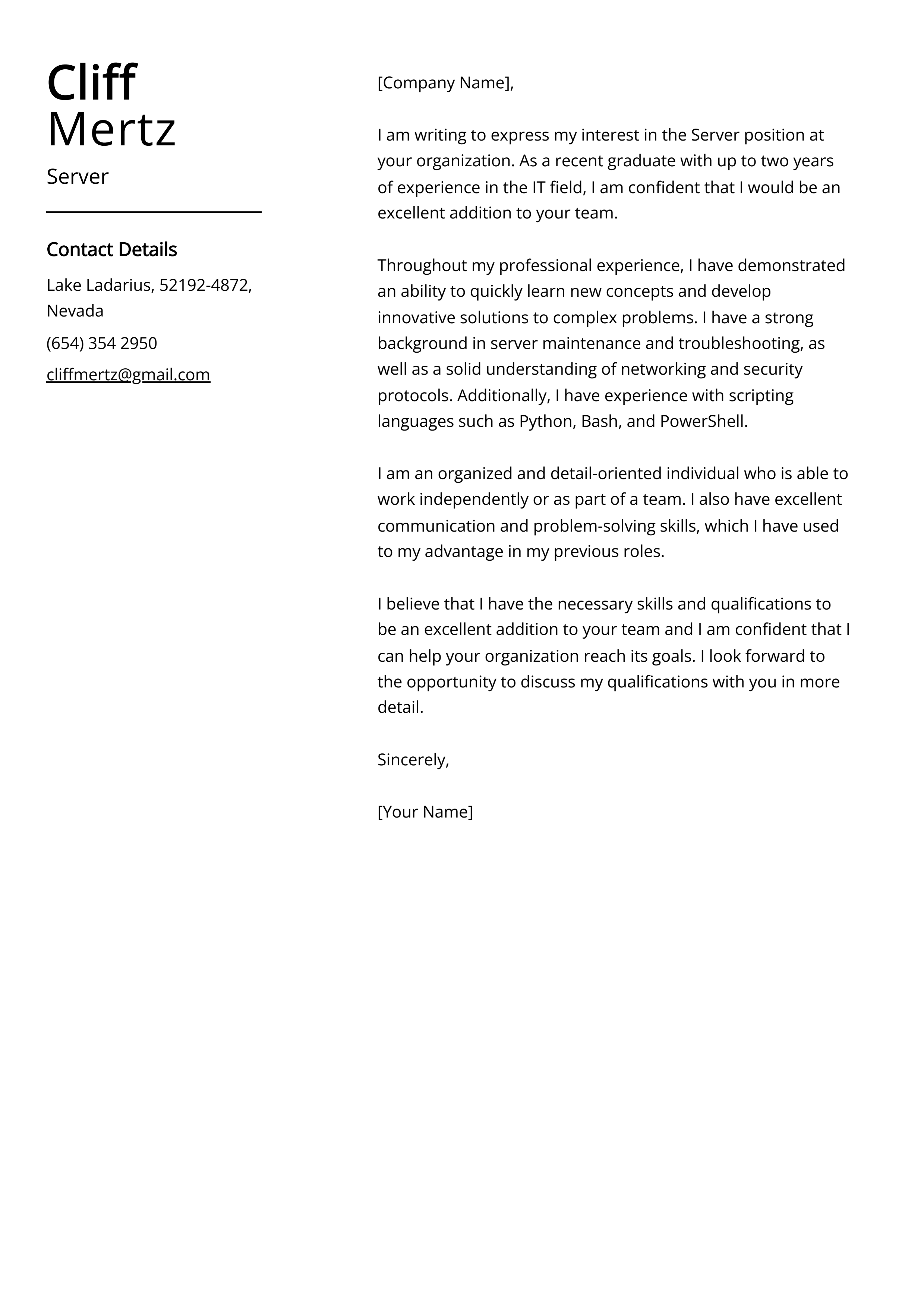 Server Cover Letter Example