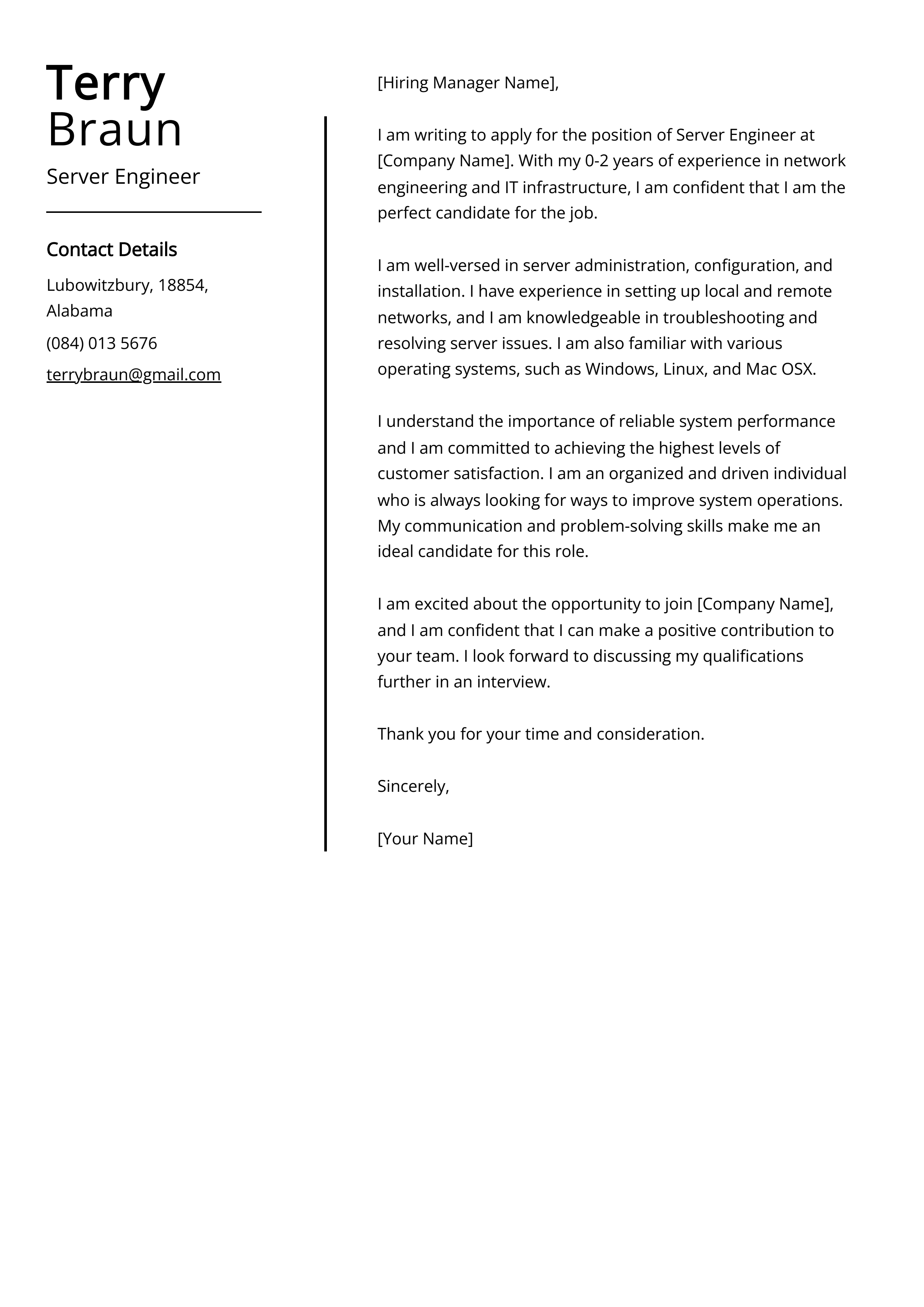 Server Engineer Cover Letter Example