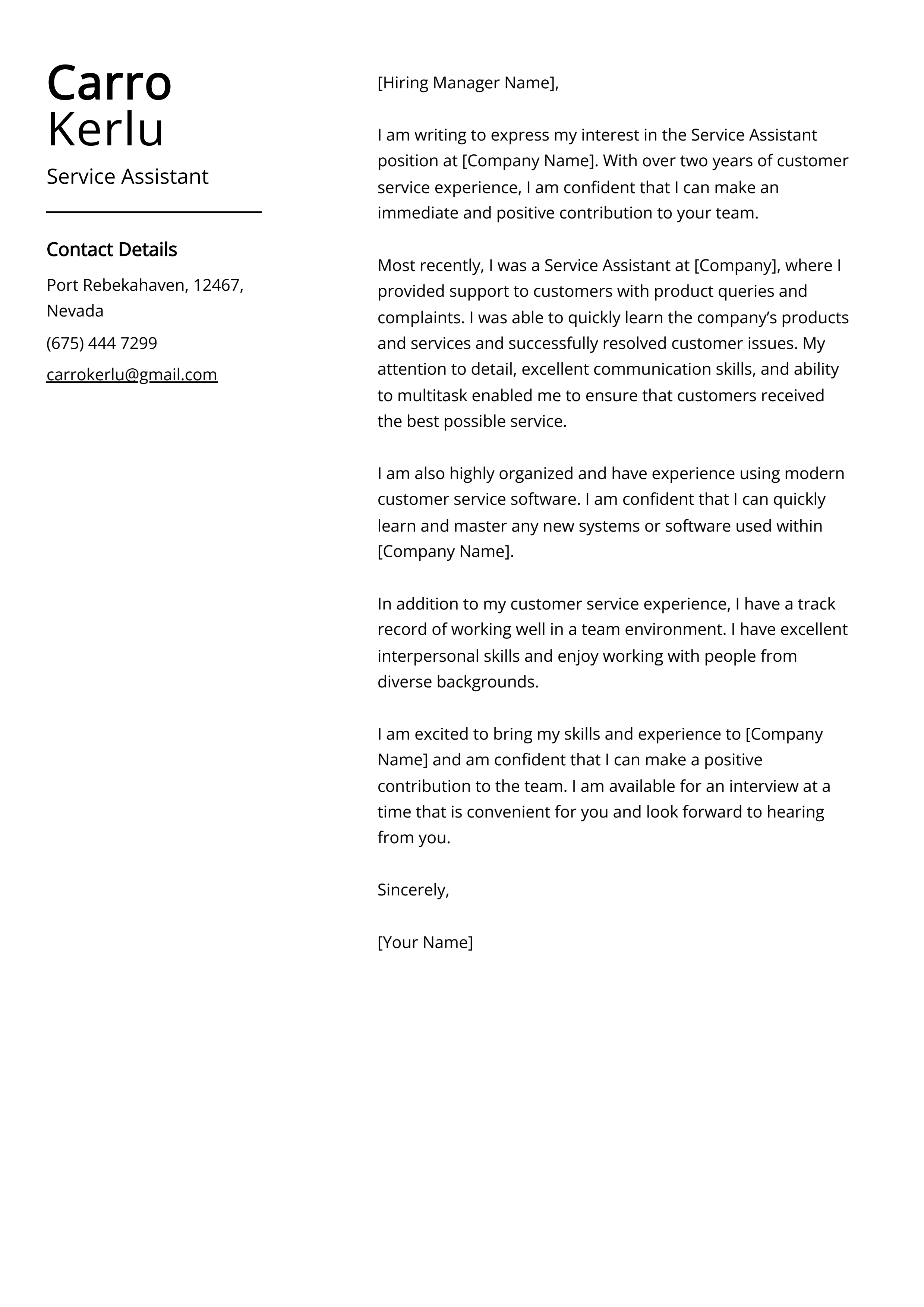 Service Assistant Cover Letter Example