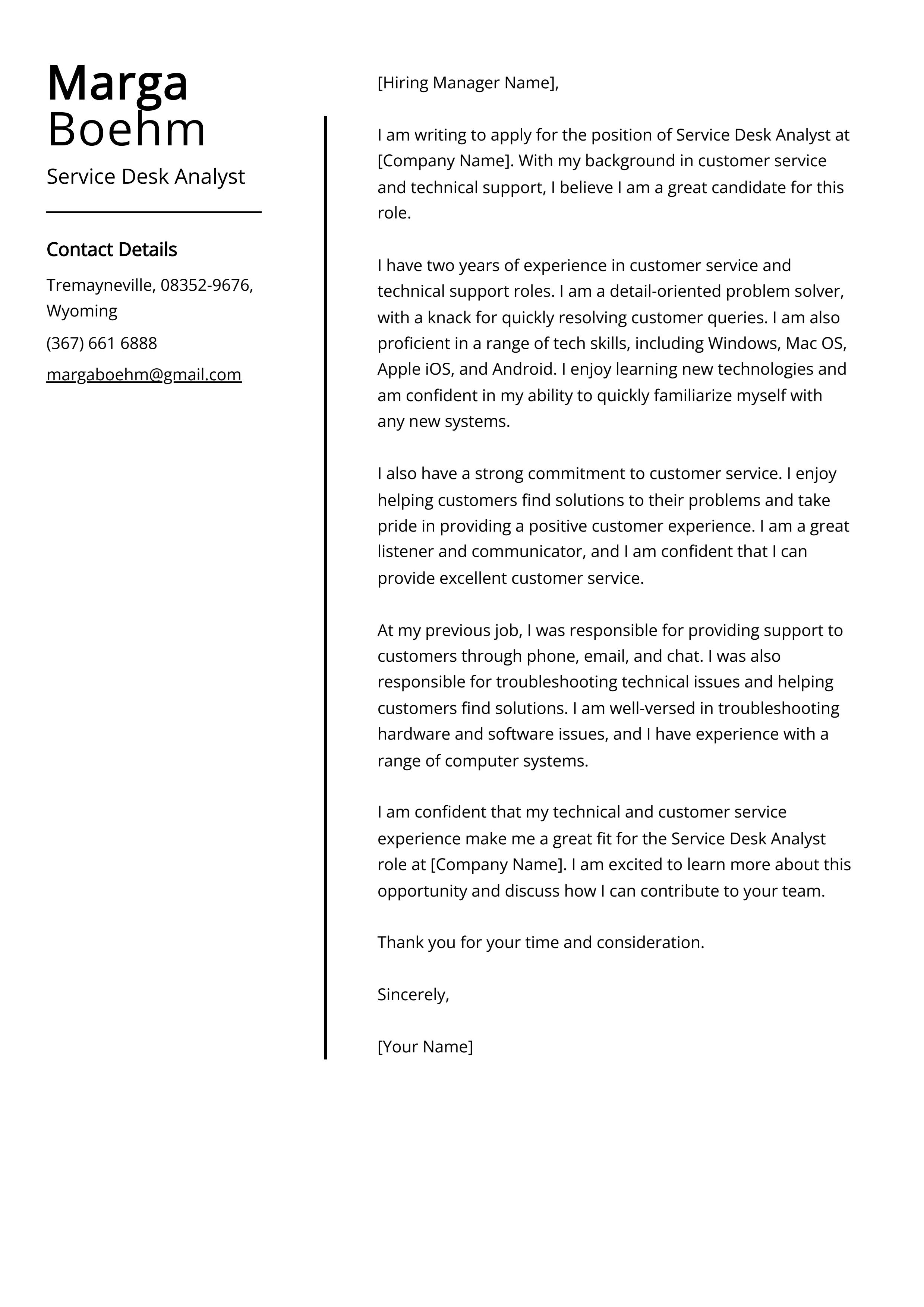 Service Desk Analyst Cover Letter Example