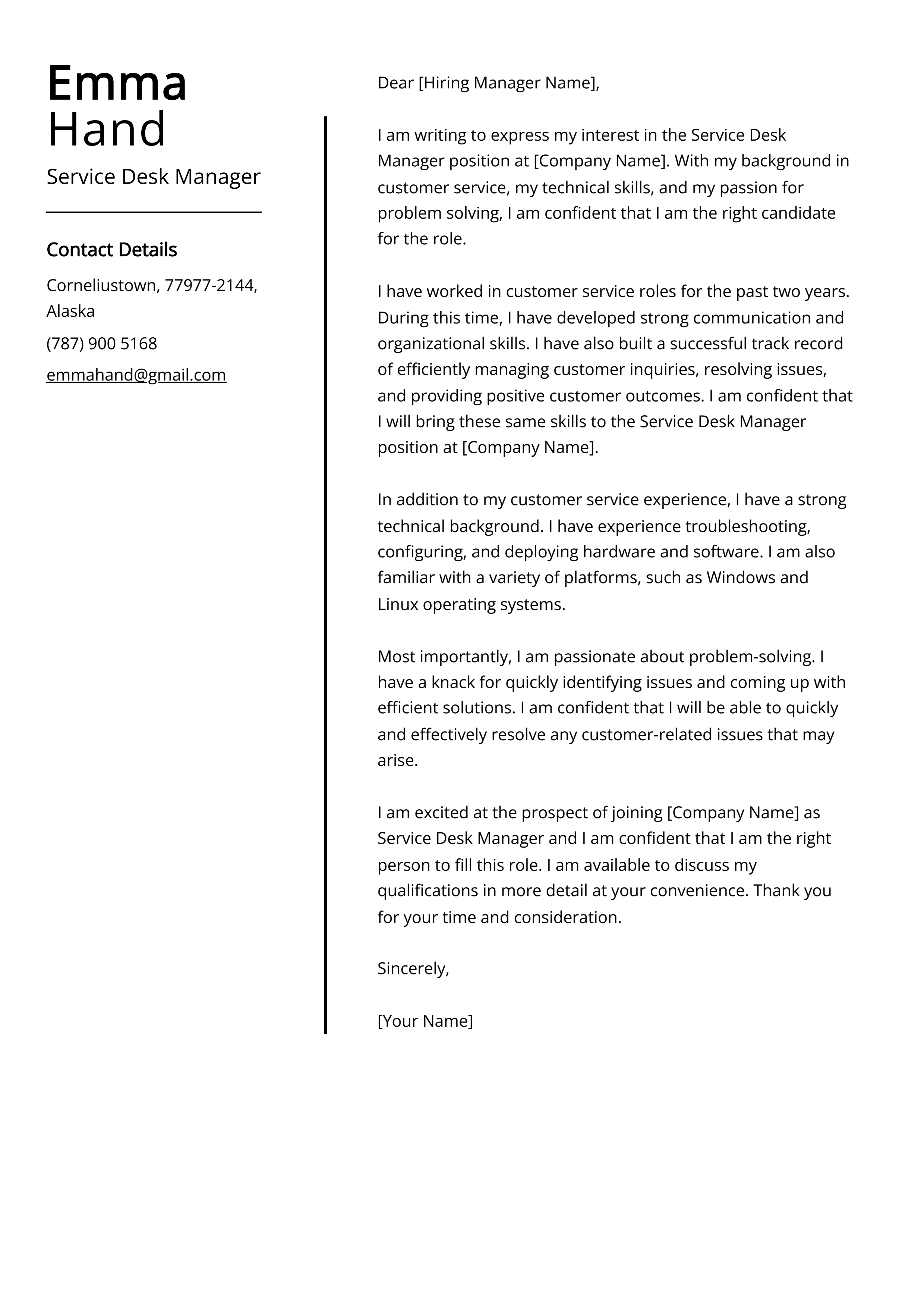 Service Desk Manager Cover Letter Example