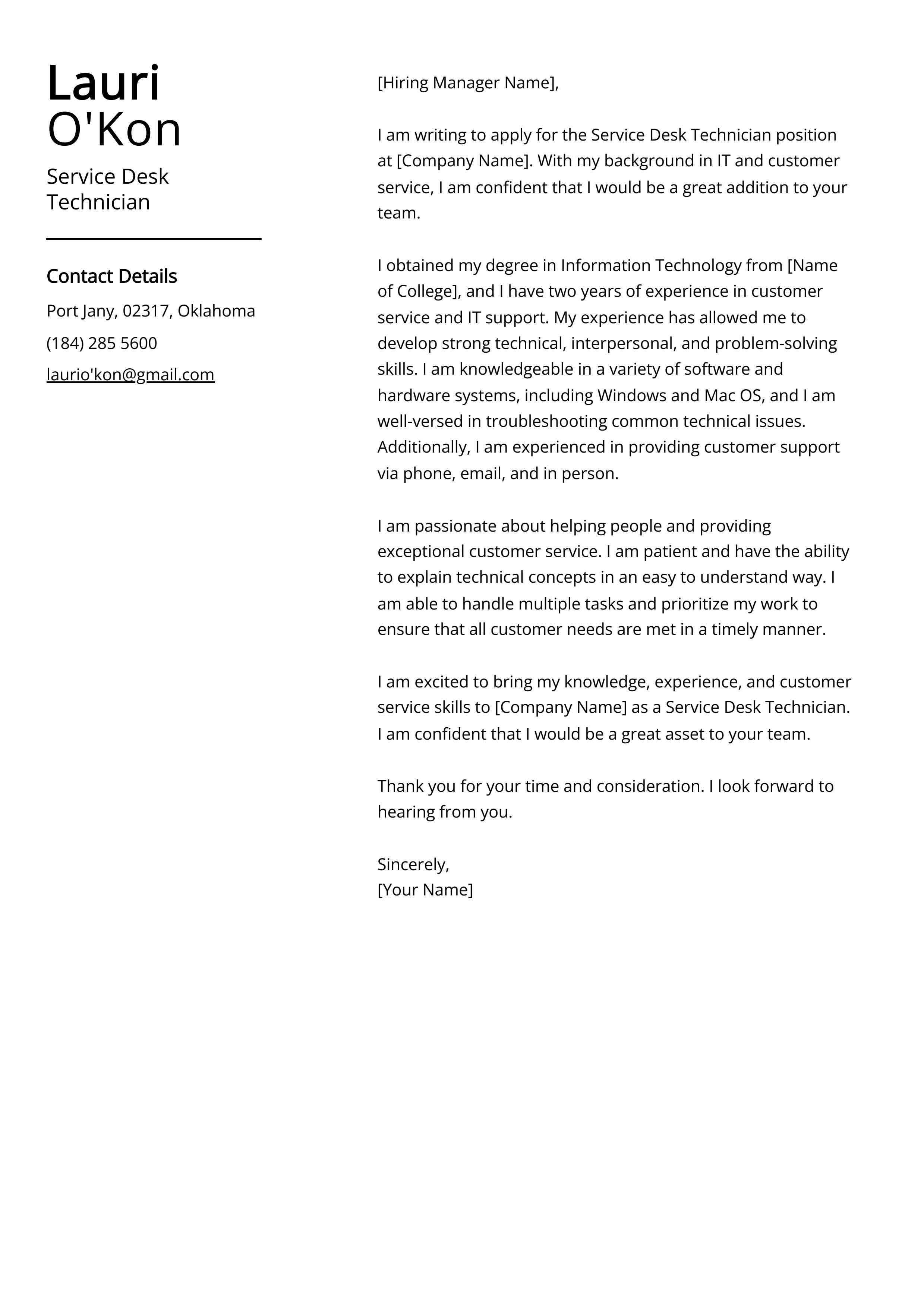 Service Desk Technician Cover Letter Example