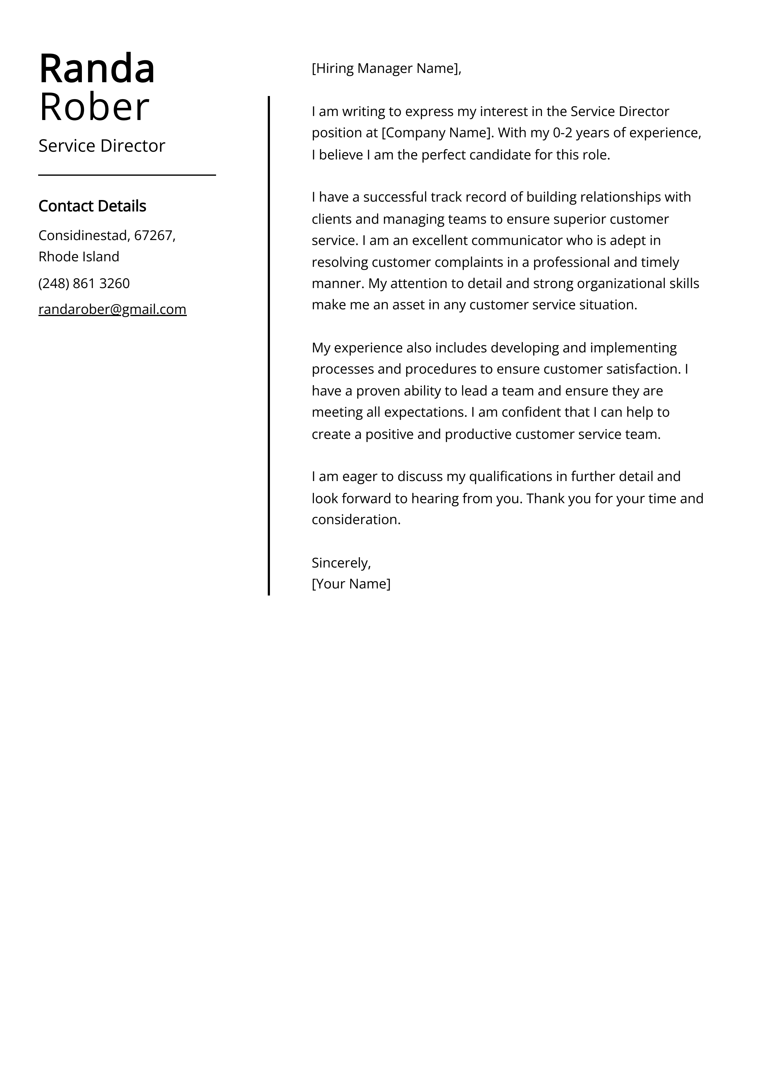 Service Director Cover Letter Example