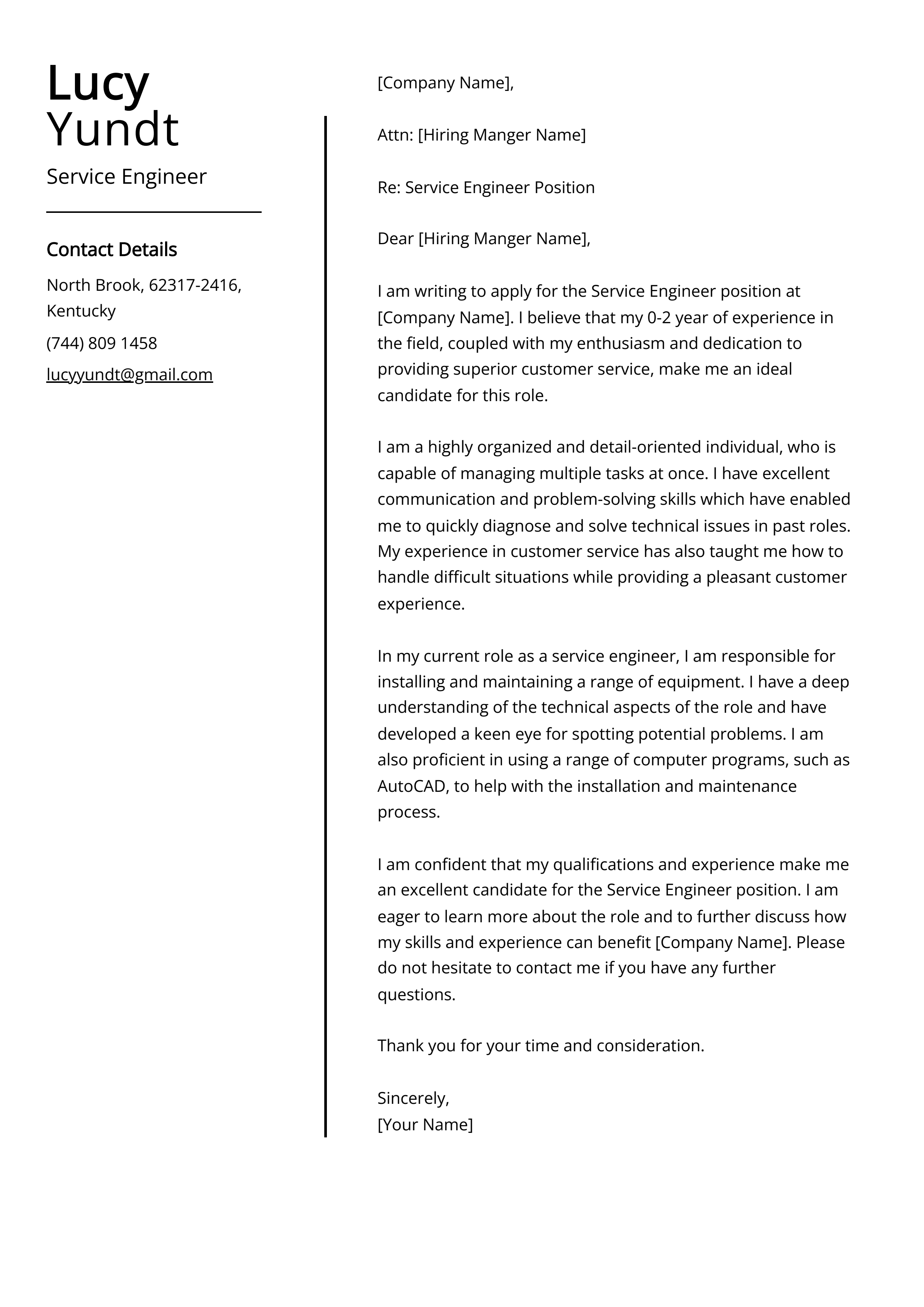 Service Engineer Cover Letter Example