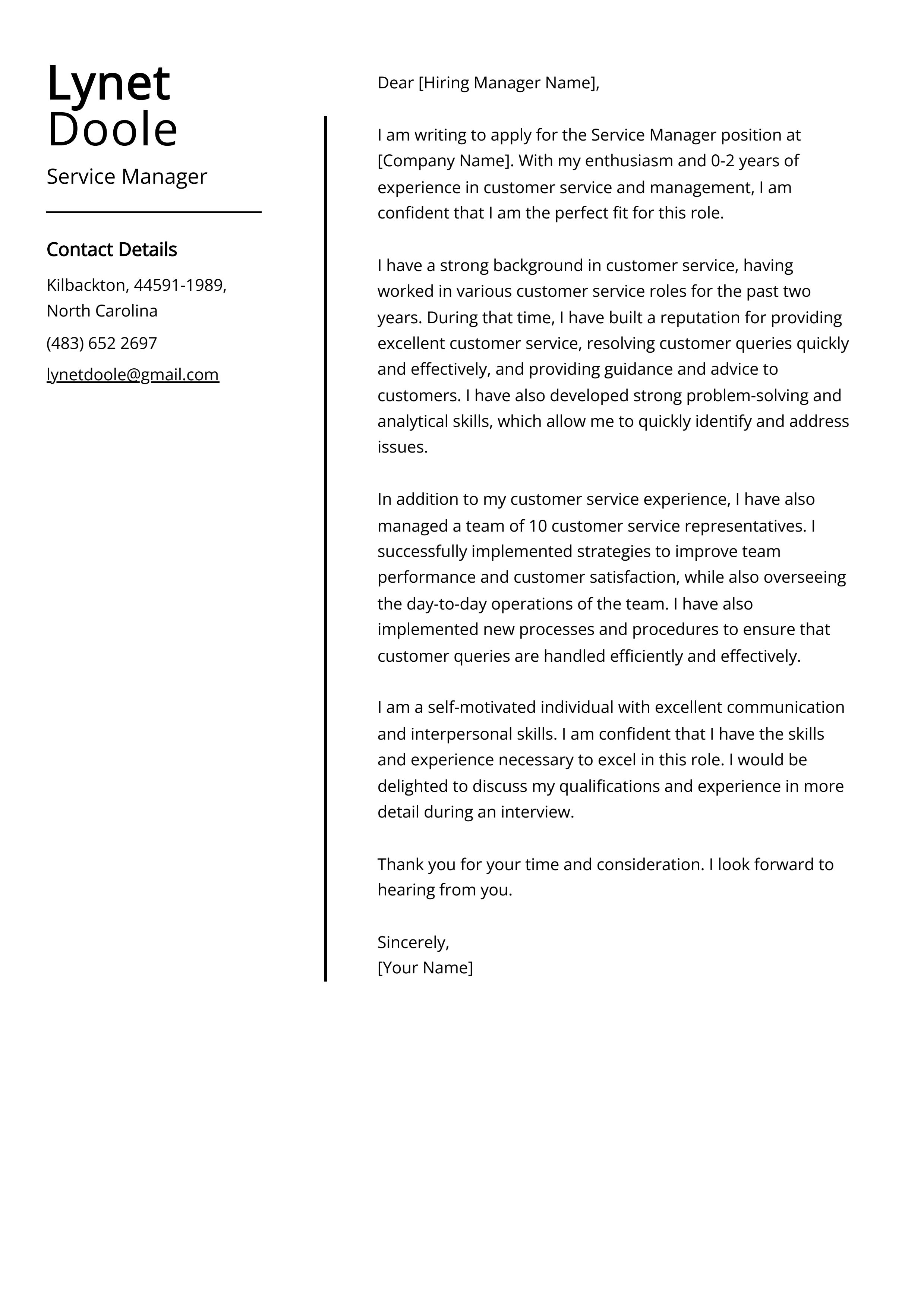 Service Manager Cover Letter Example