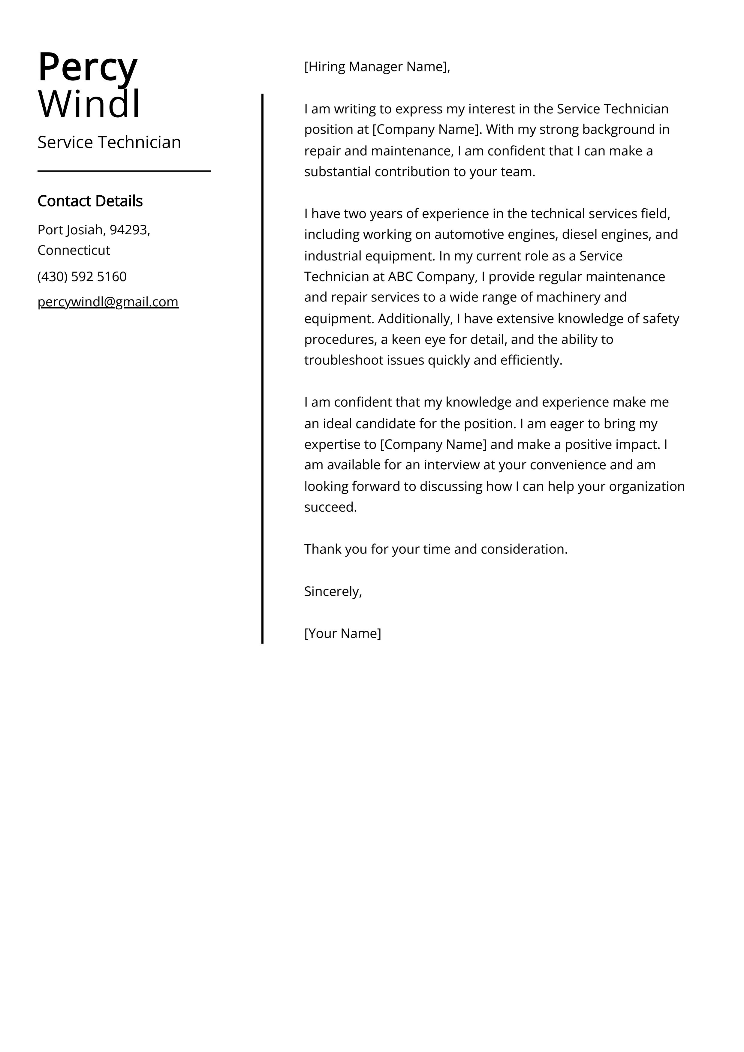 Service Technician Cover Letter Example
