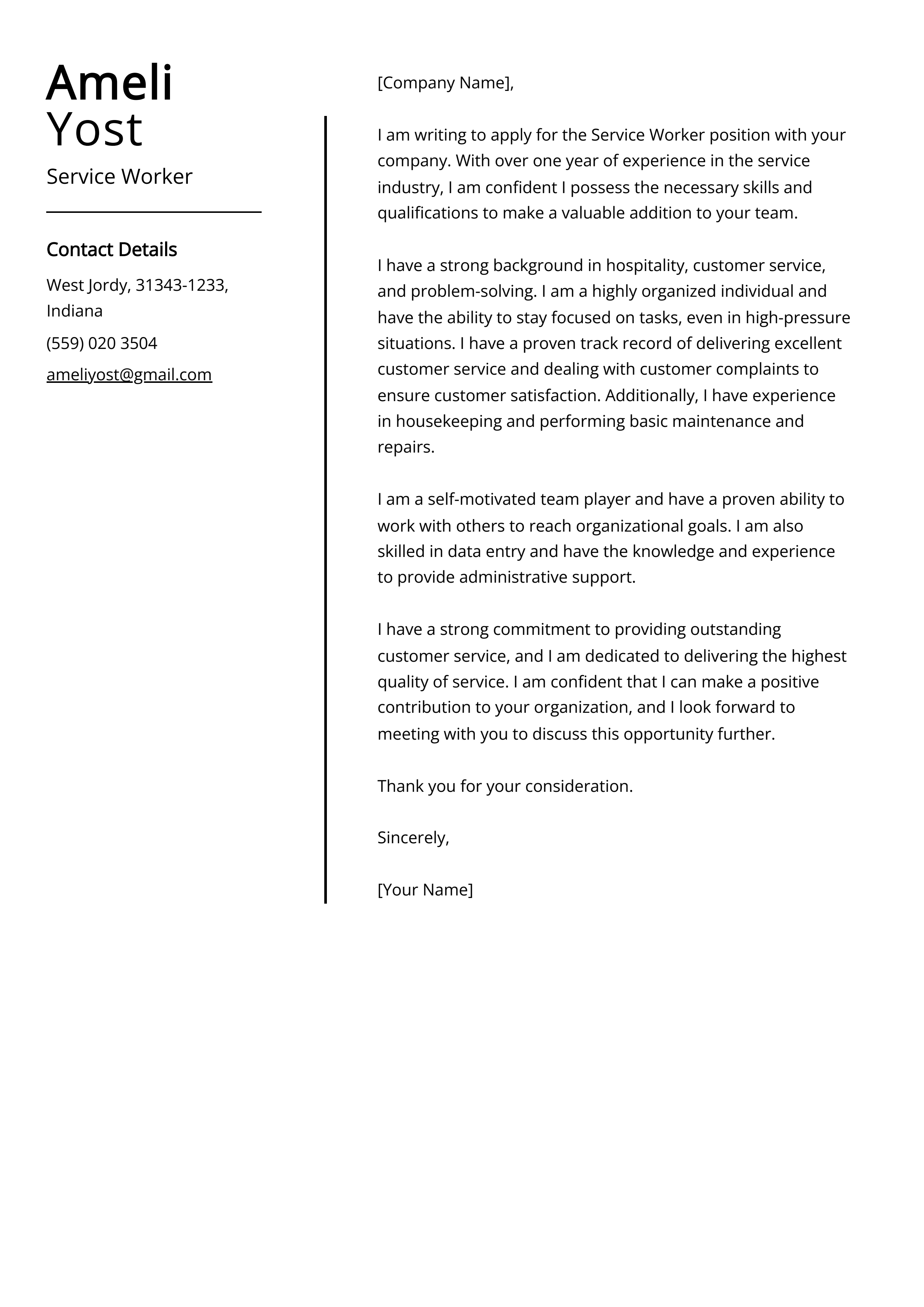 Service Worker Cover Letter Example