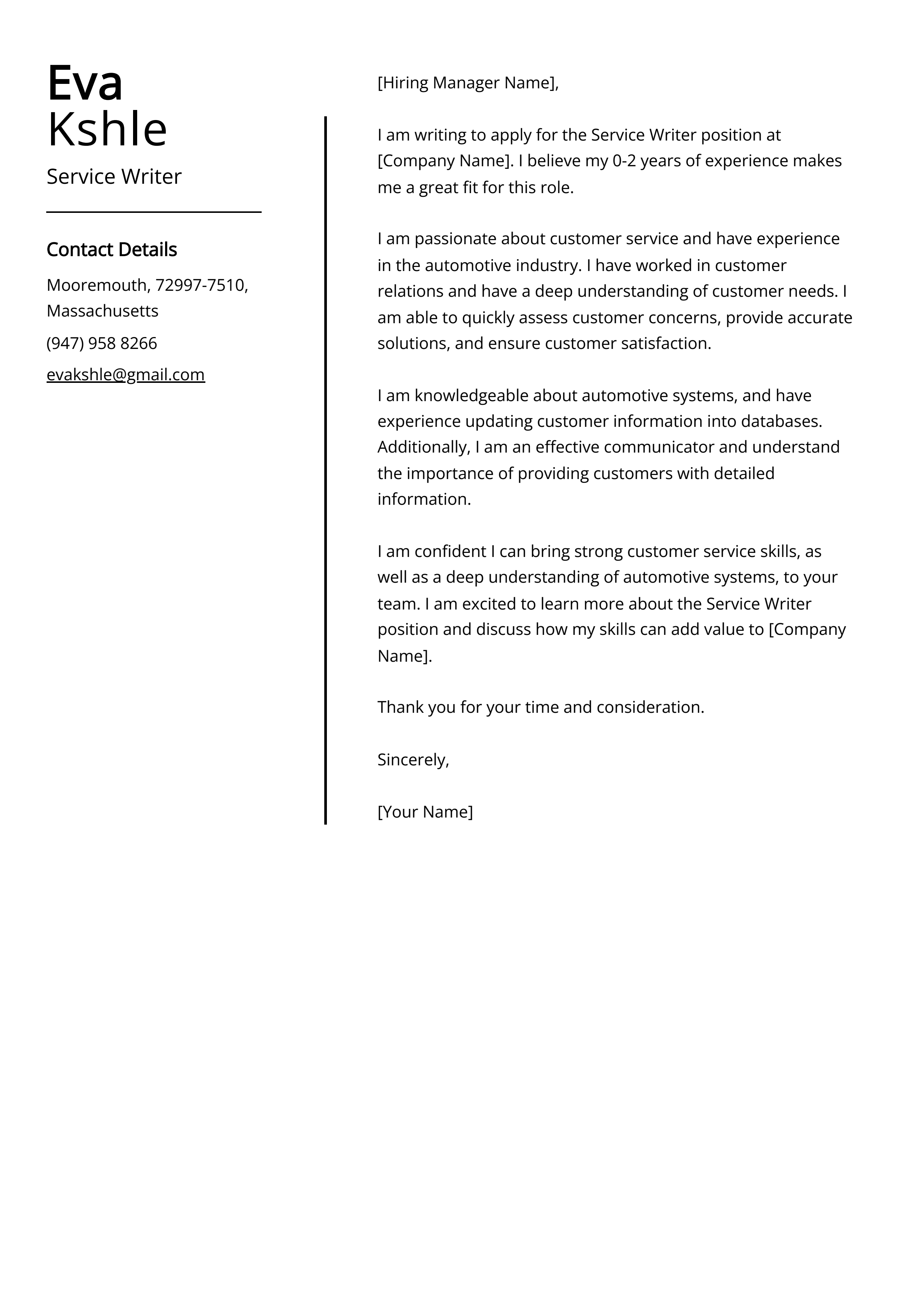 Service Writer Cover Letter Example