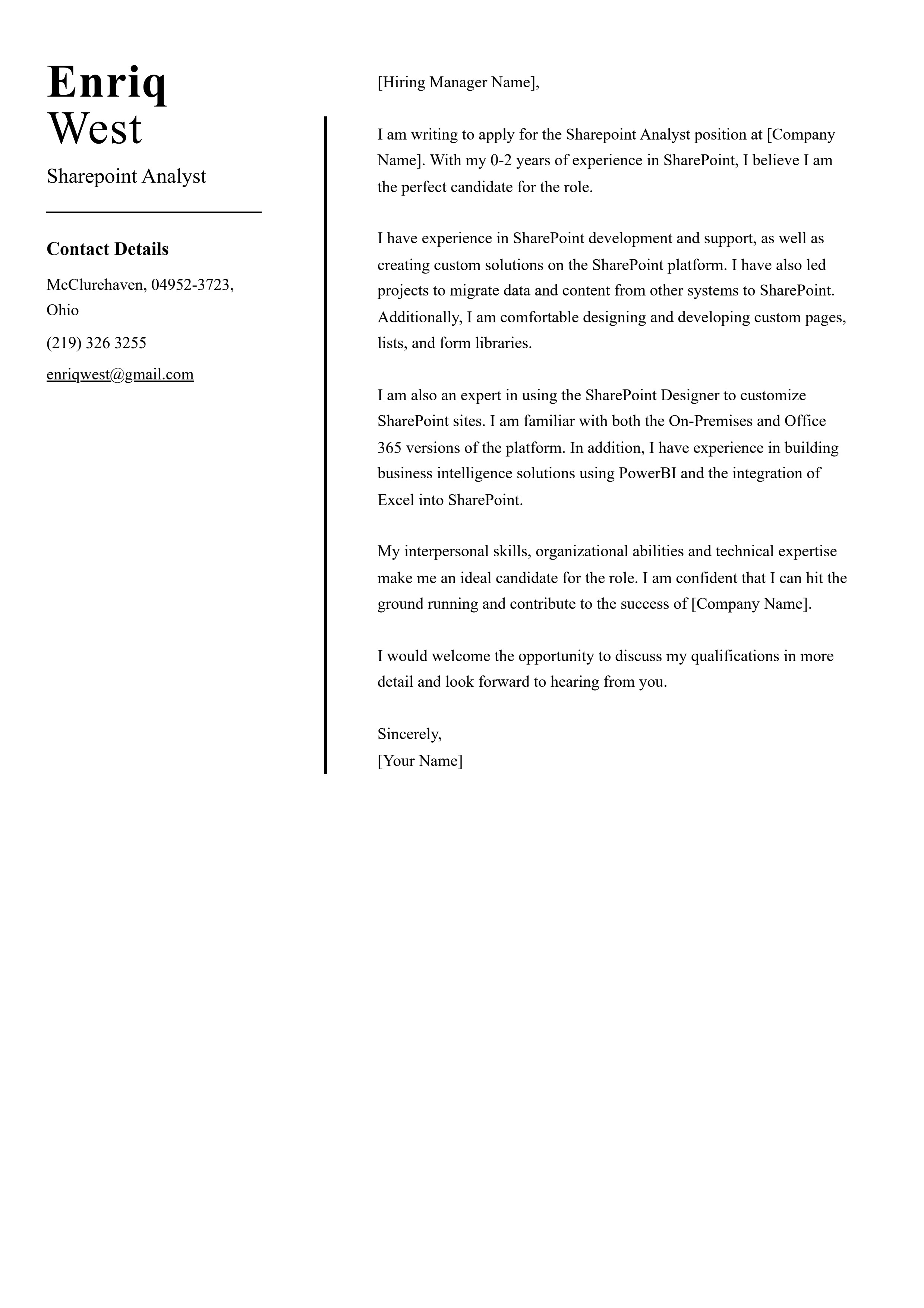 Sharepoint Analyst Cover Letter Example