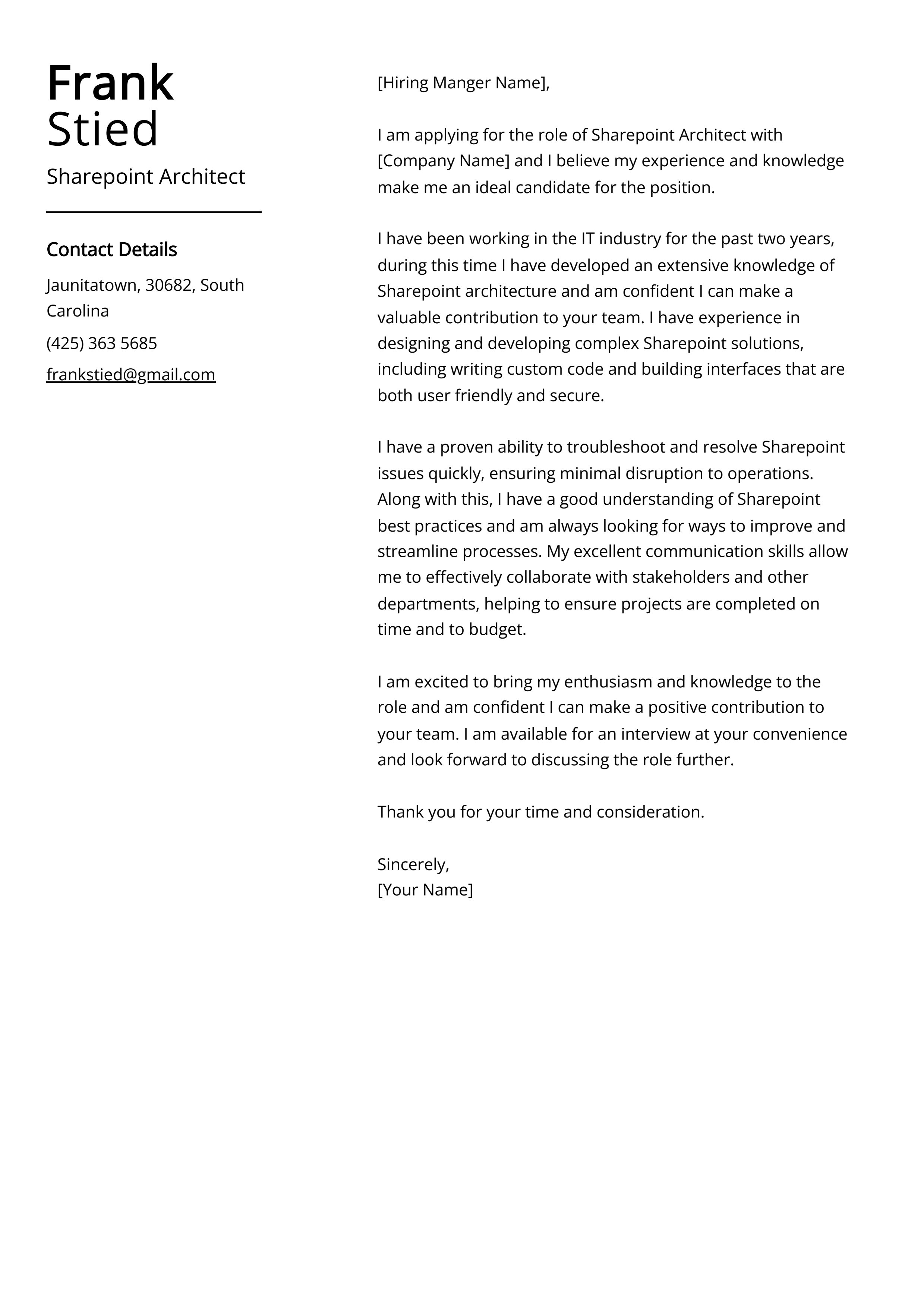 Sharepoint Architect Cover Letter Example