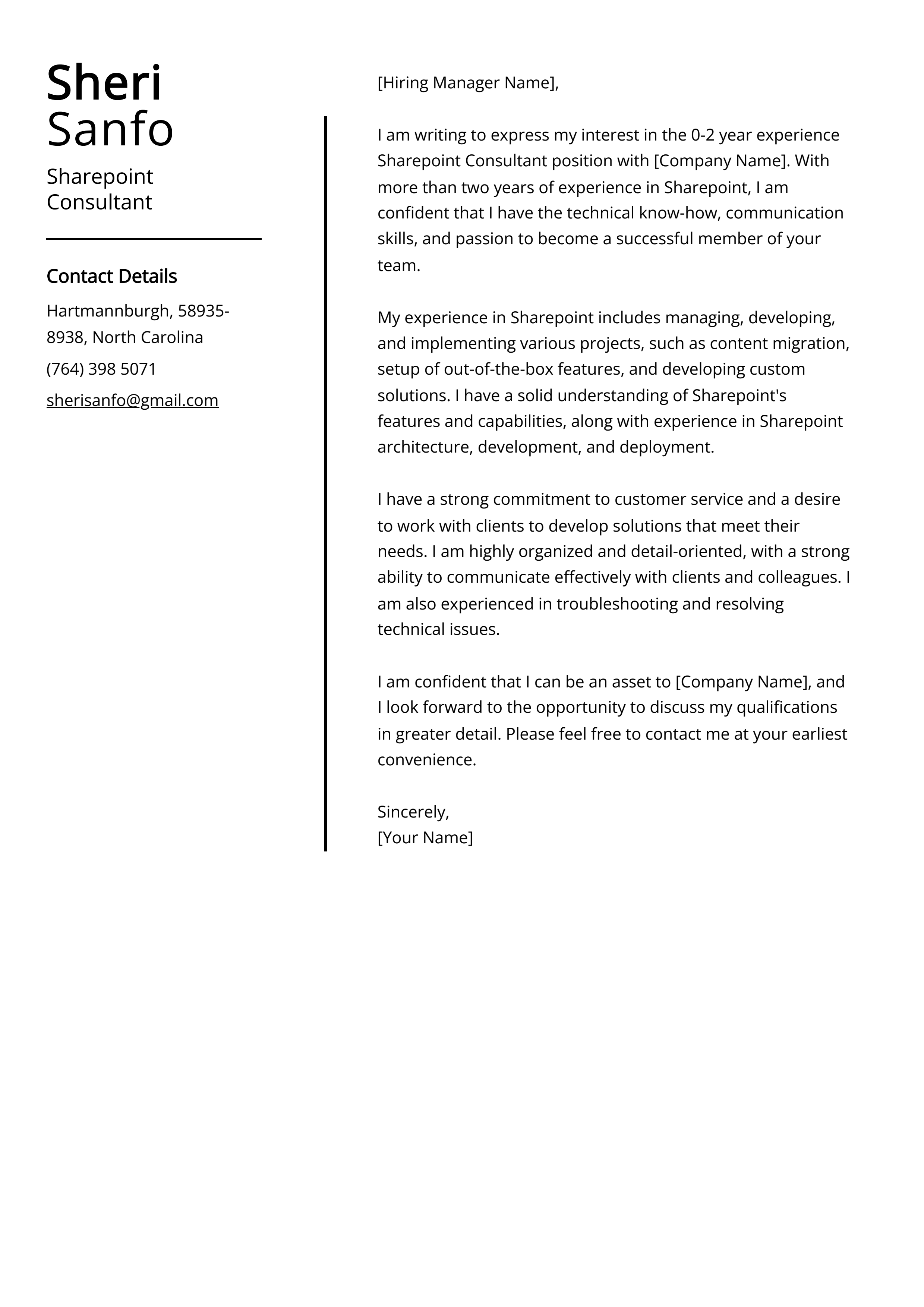 Sharepoint Consultant Cover Letter Example