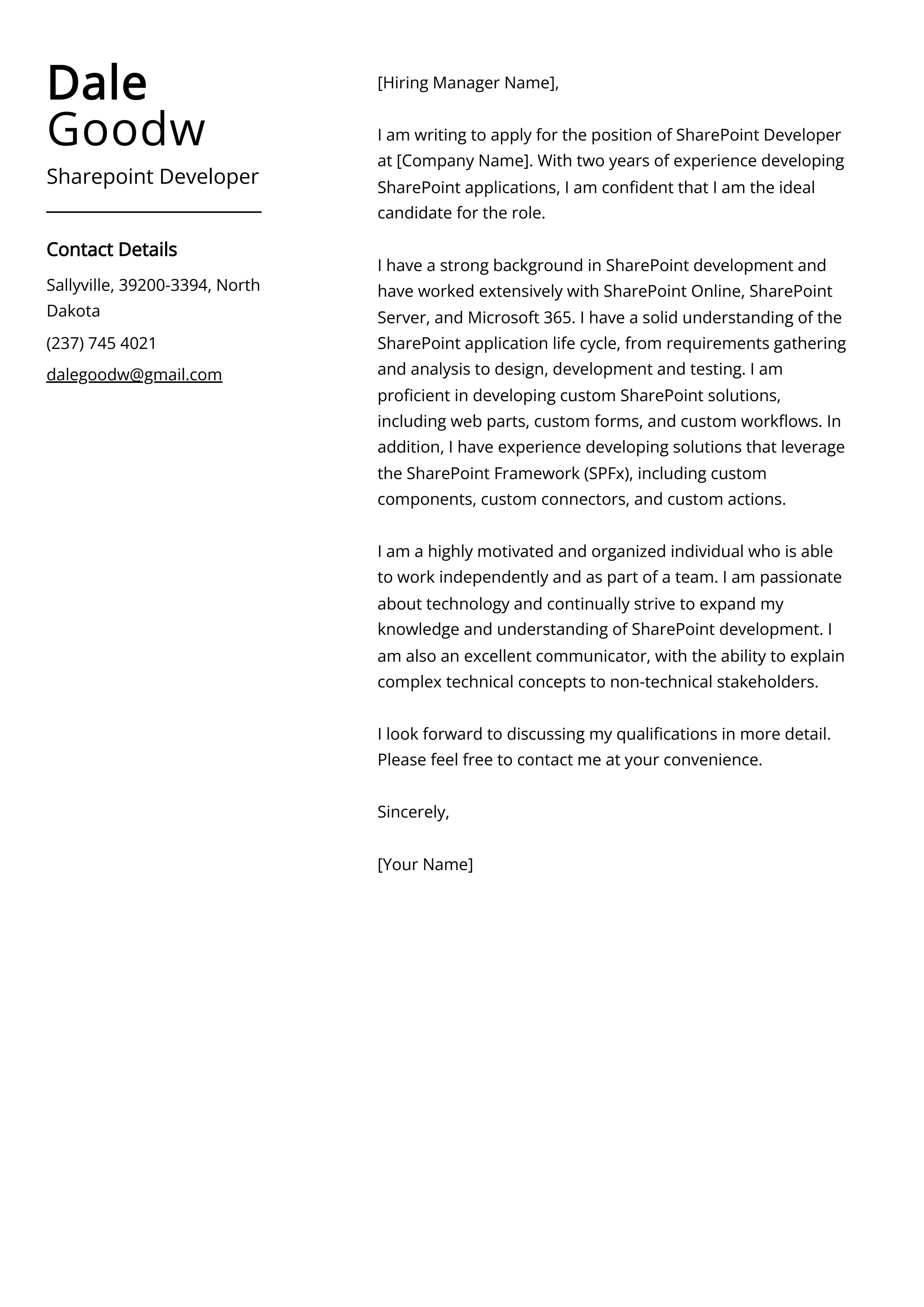 Sharepoint Developer Cover Letter Example