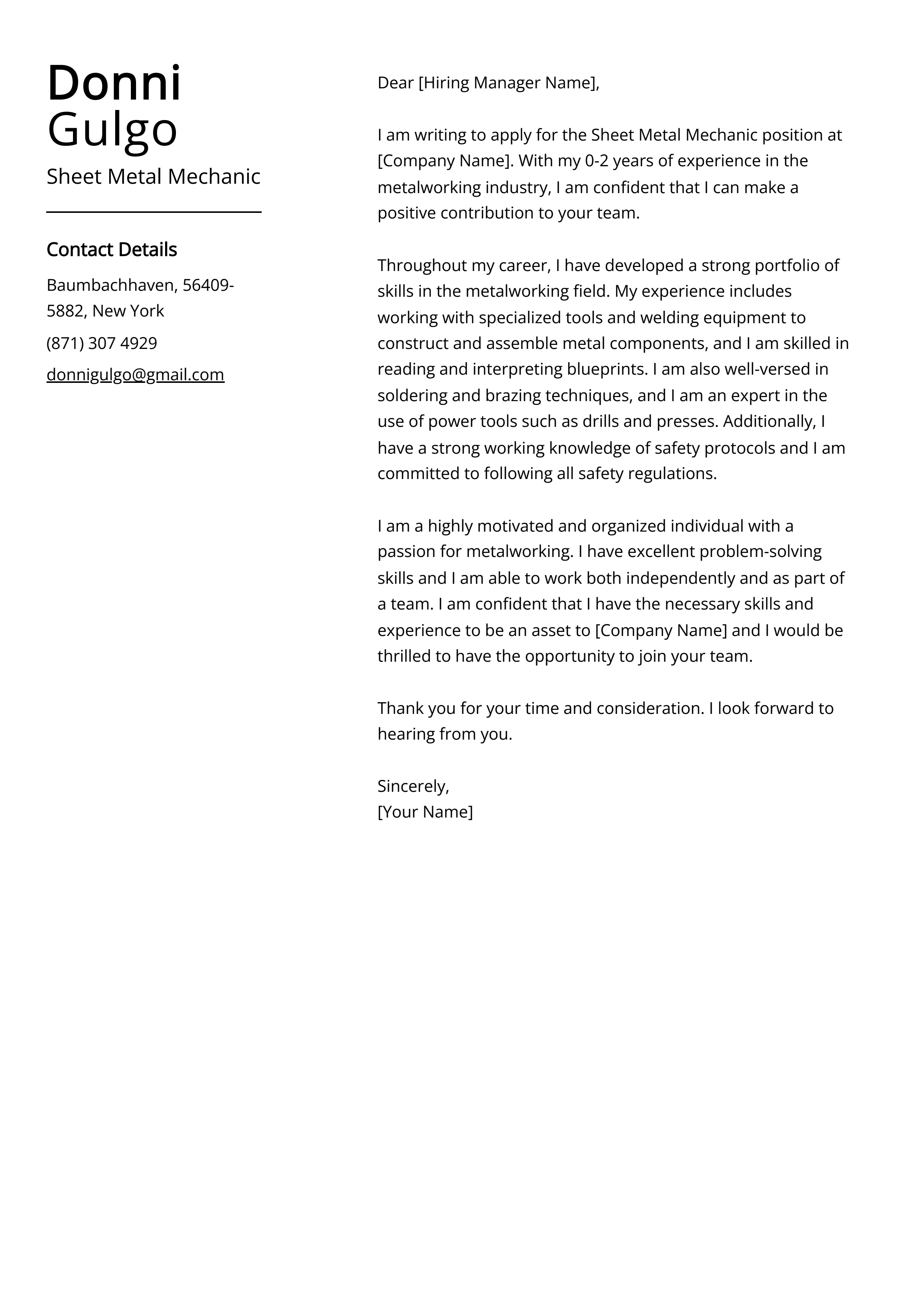 Sheet Metal Mechanic Cover Letter Example