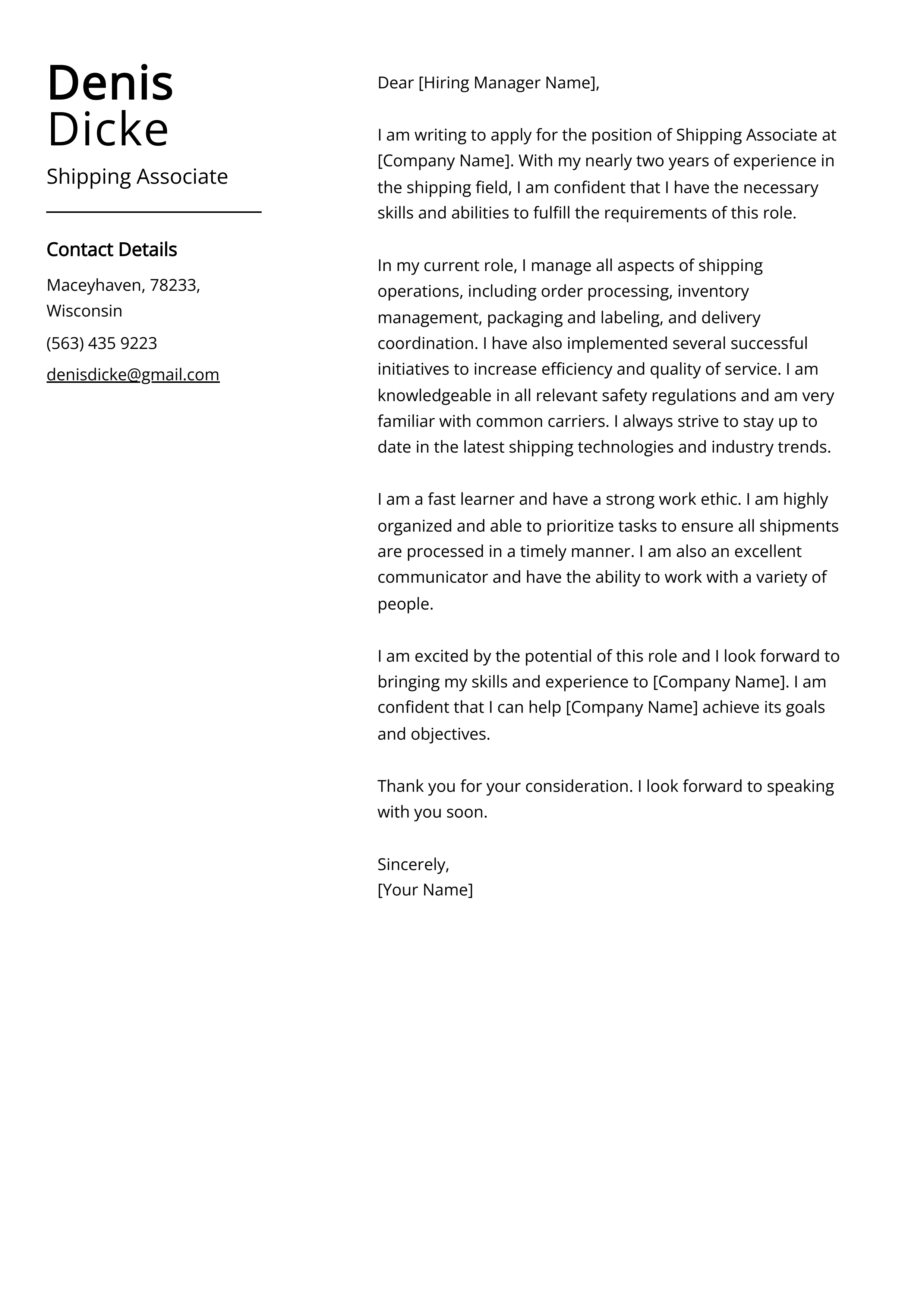 Shipping Associate Cover Letter Example