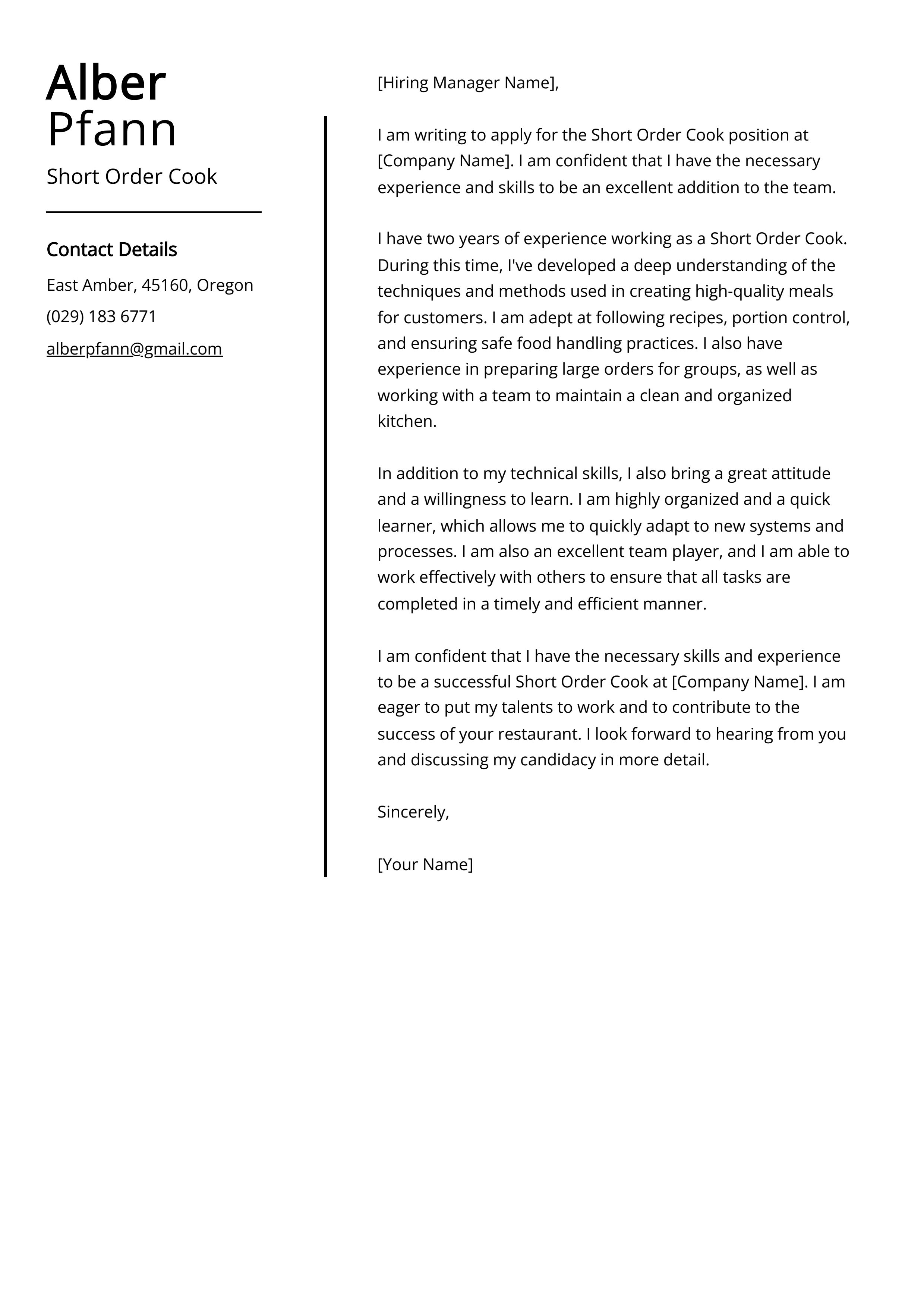 Short Order Cook Cover Letter Example