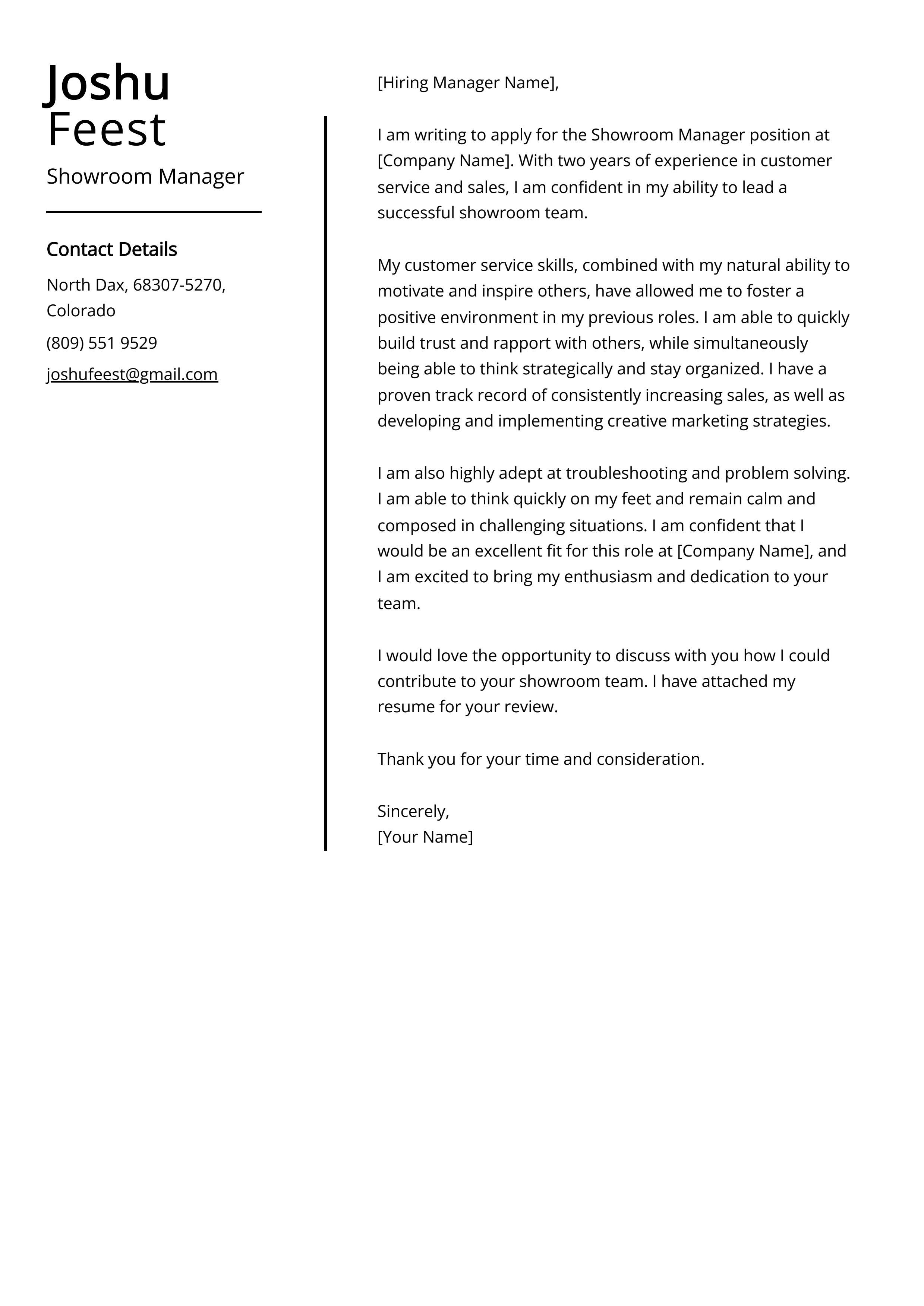 Showroom Manager Cover Letter Example