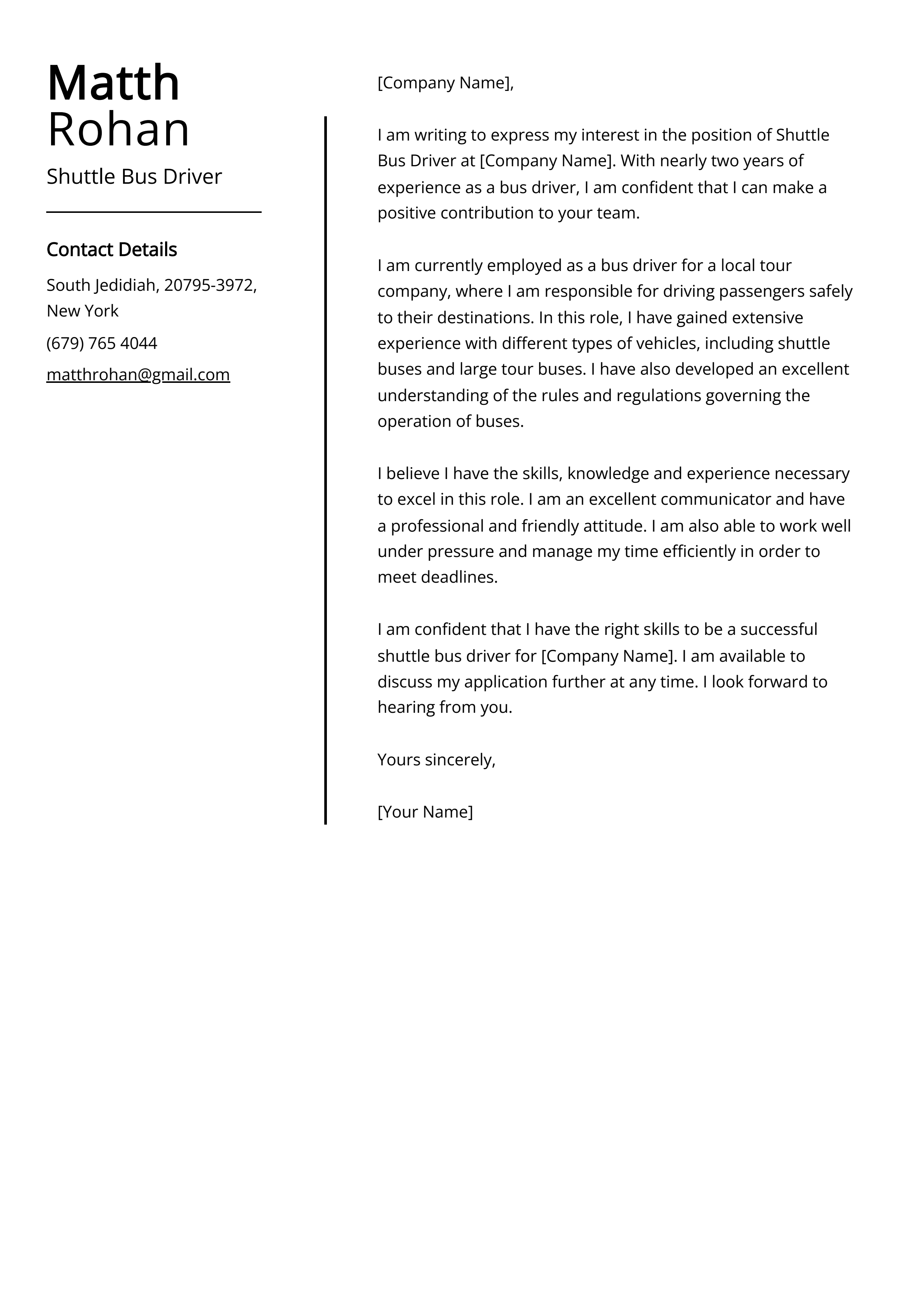 Shuttle Bus Driver Cover Letter Example