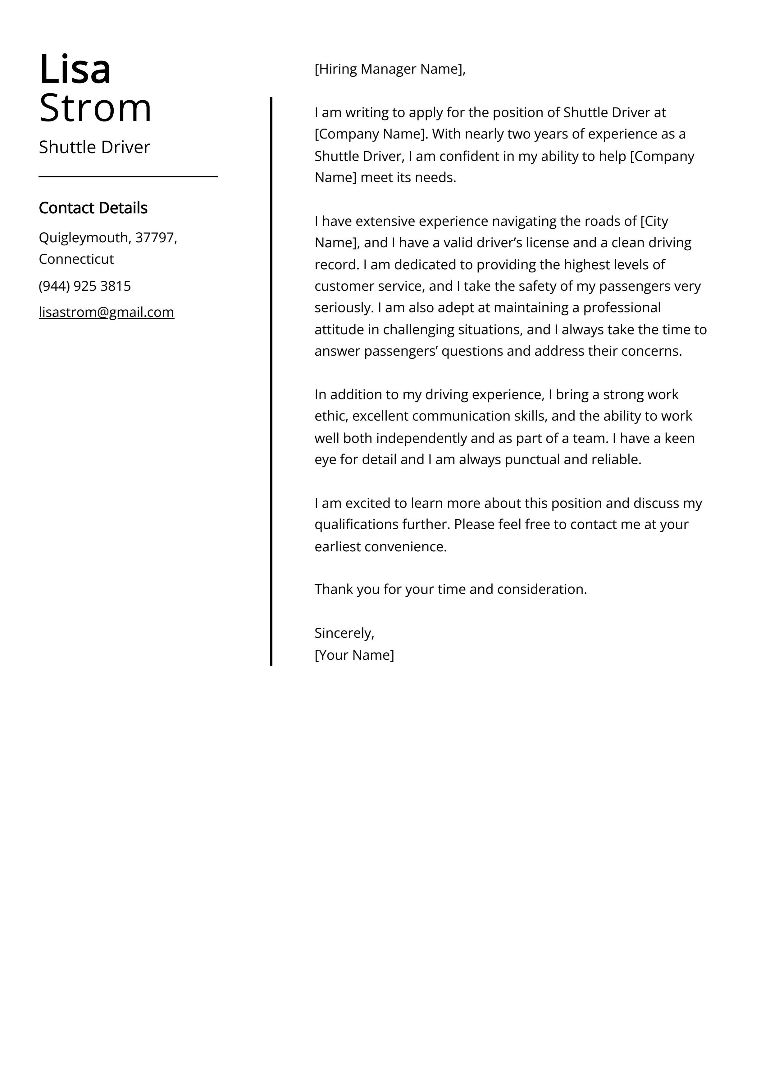 Shuttle Driver Cover Letter Example
