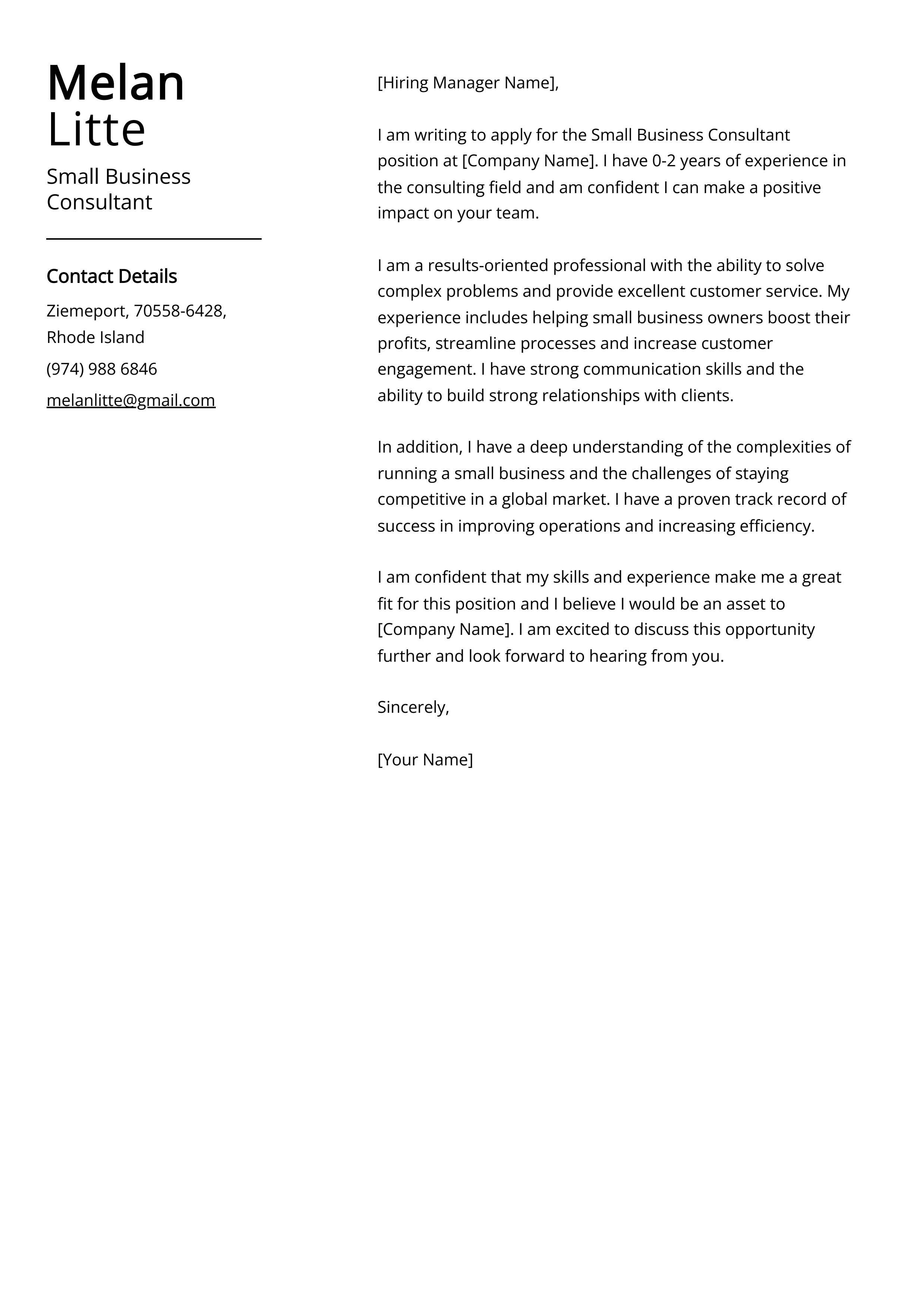 Small Business Consultant Cover Letter Example