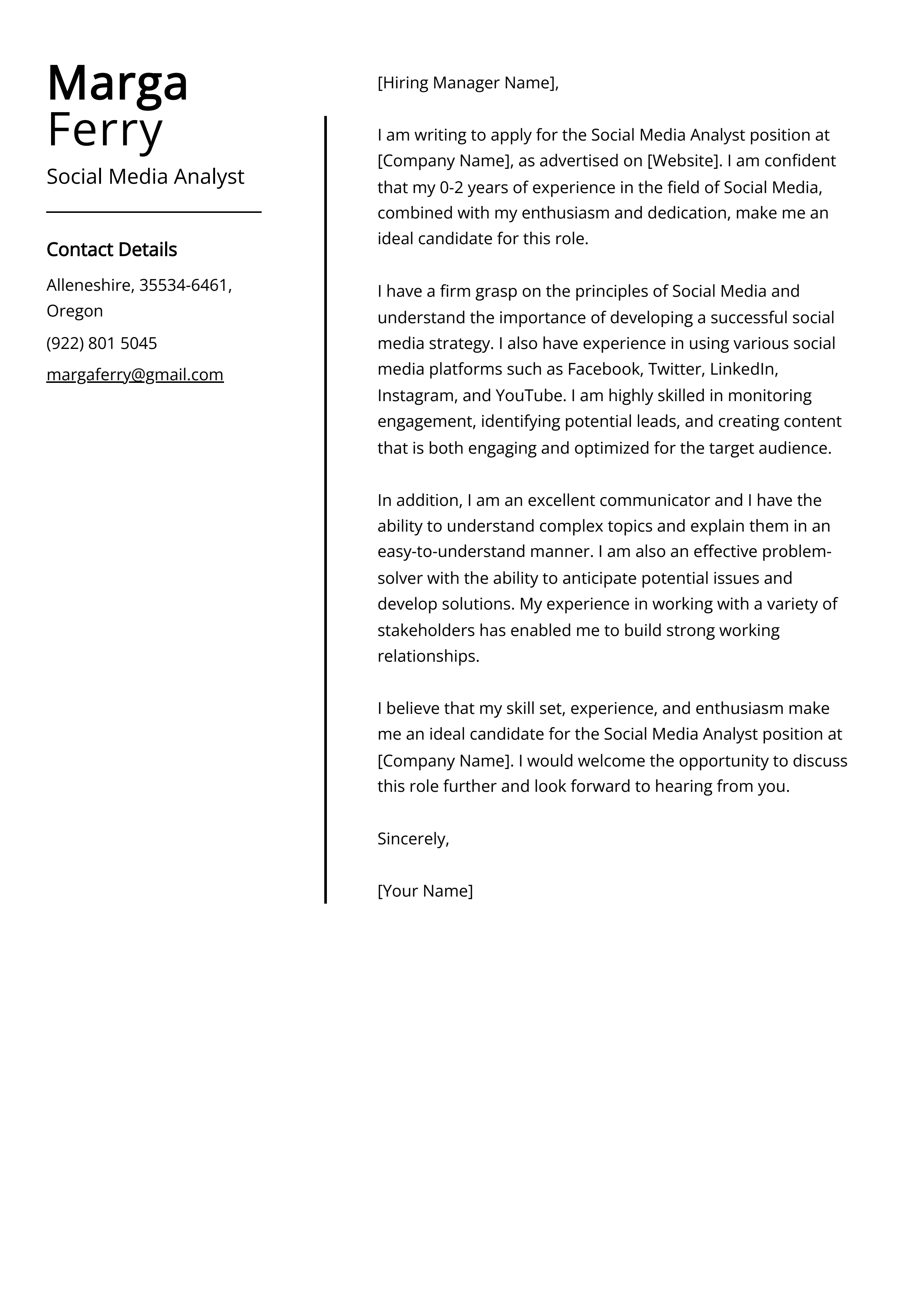 Social Media Analyst Cover Letter Example