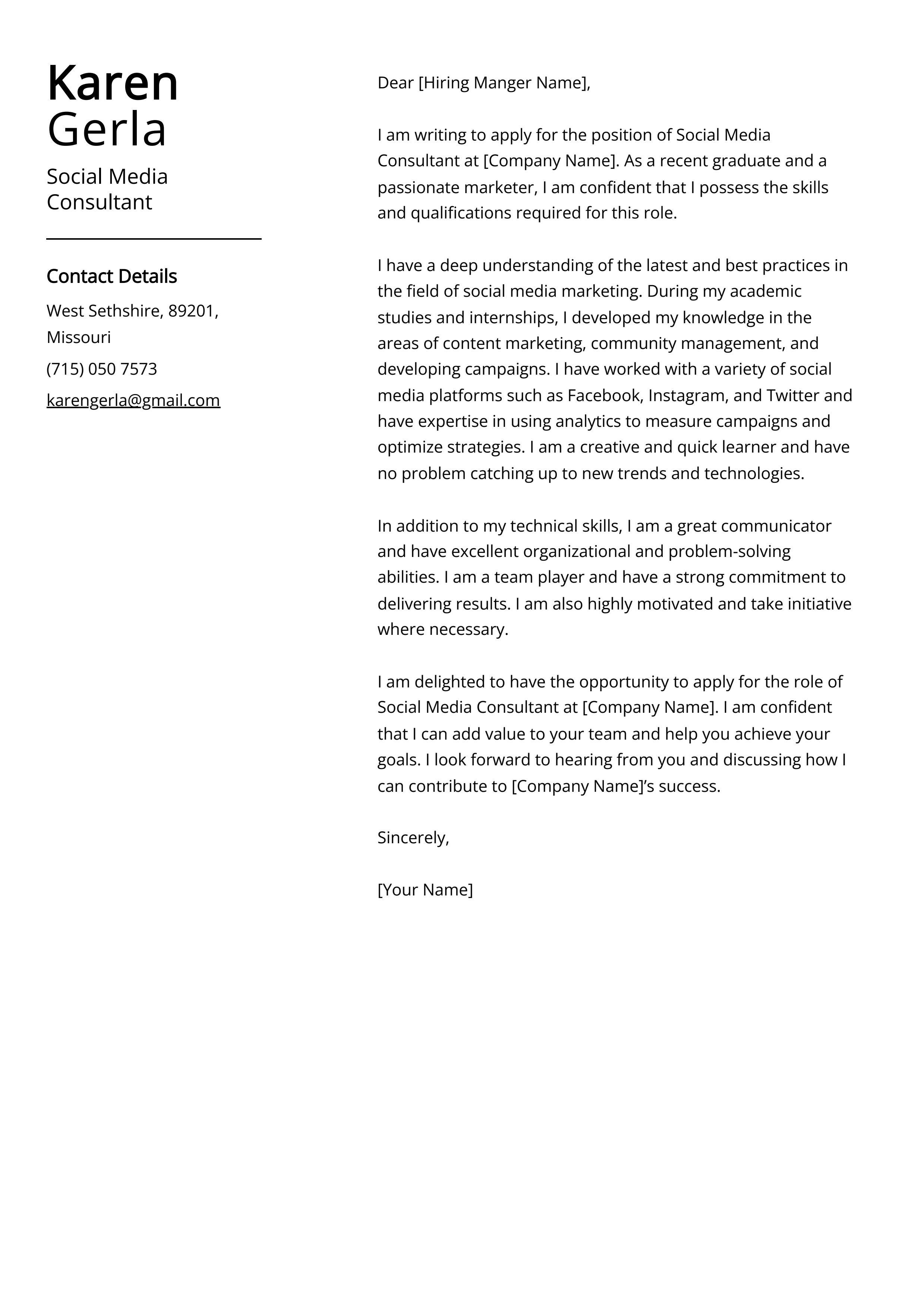 Social Media Consultant Cover Letter Example