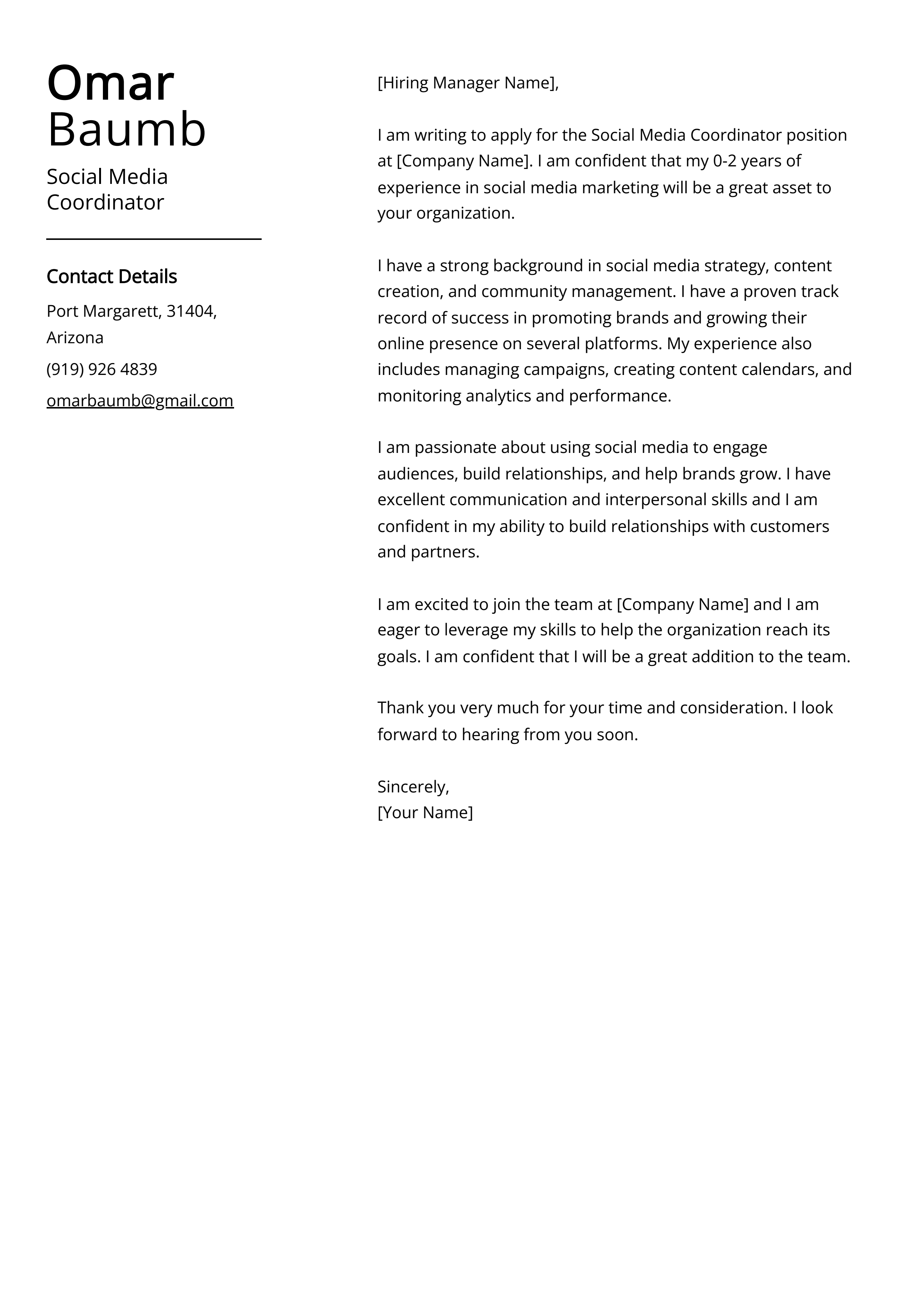 Social Media Coordinator Cover Letter Example