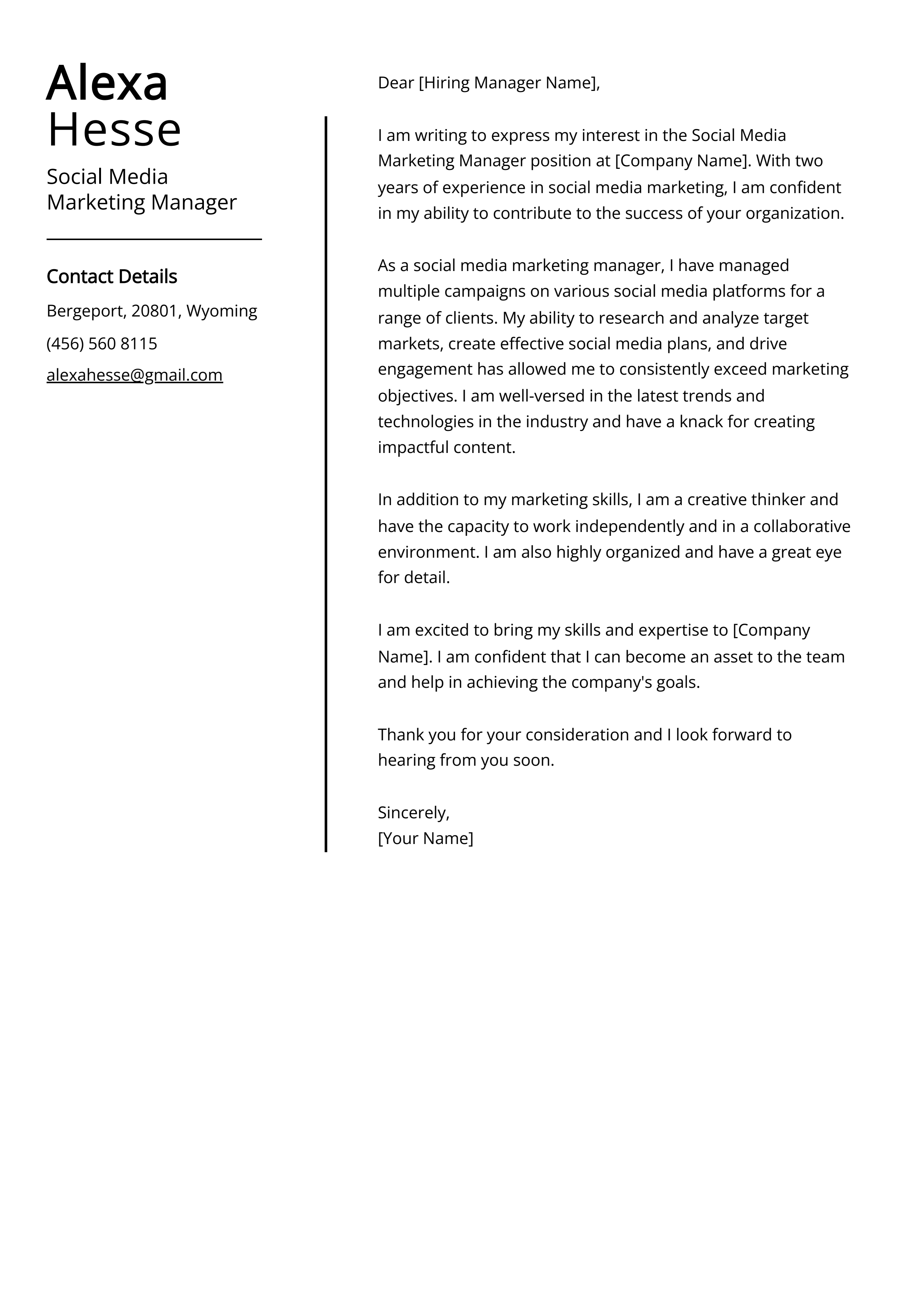 Social Media Marketing Manager Cover Letter Example