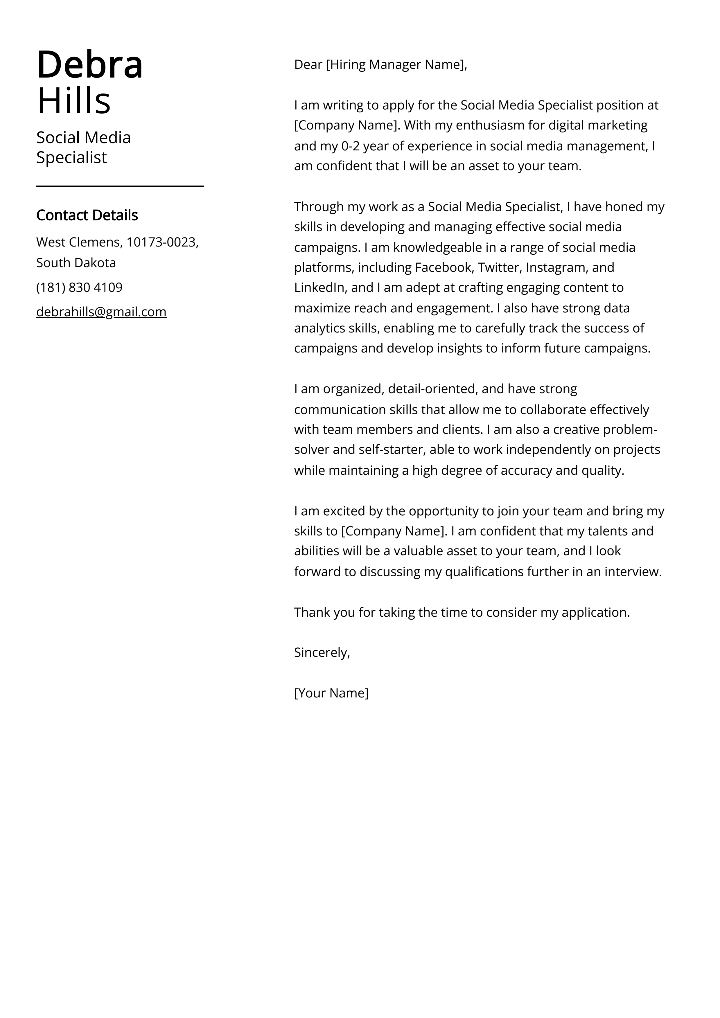 Social Media Specialist Cover Letter Example