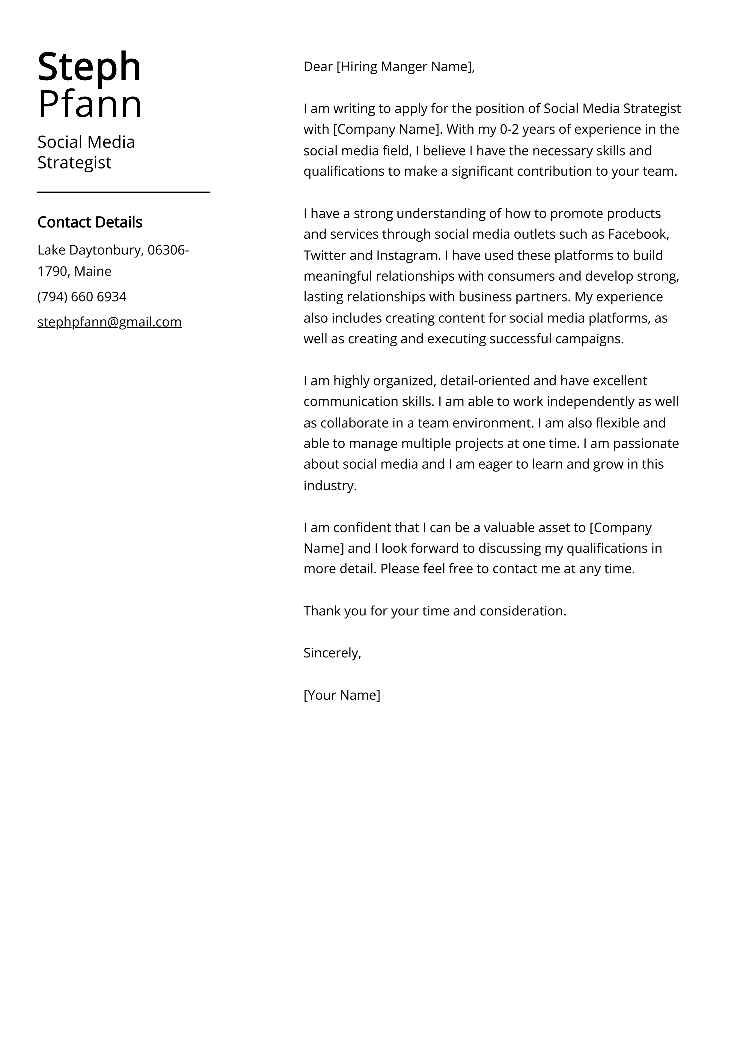 Social Media Strategist Cover Letter Example