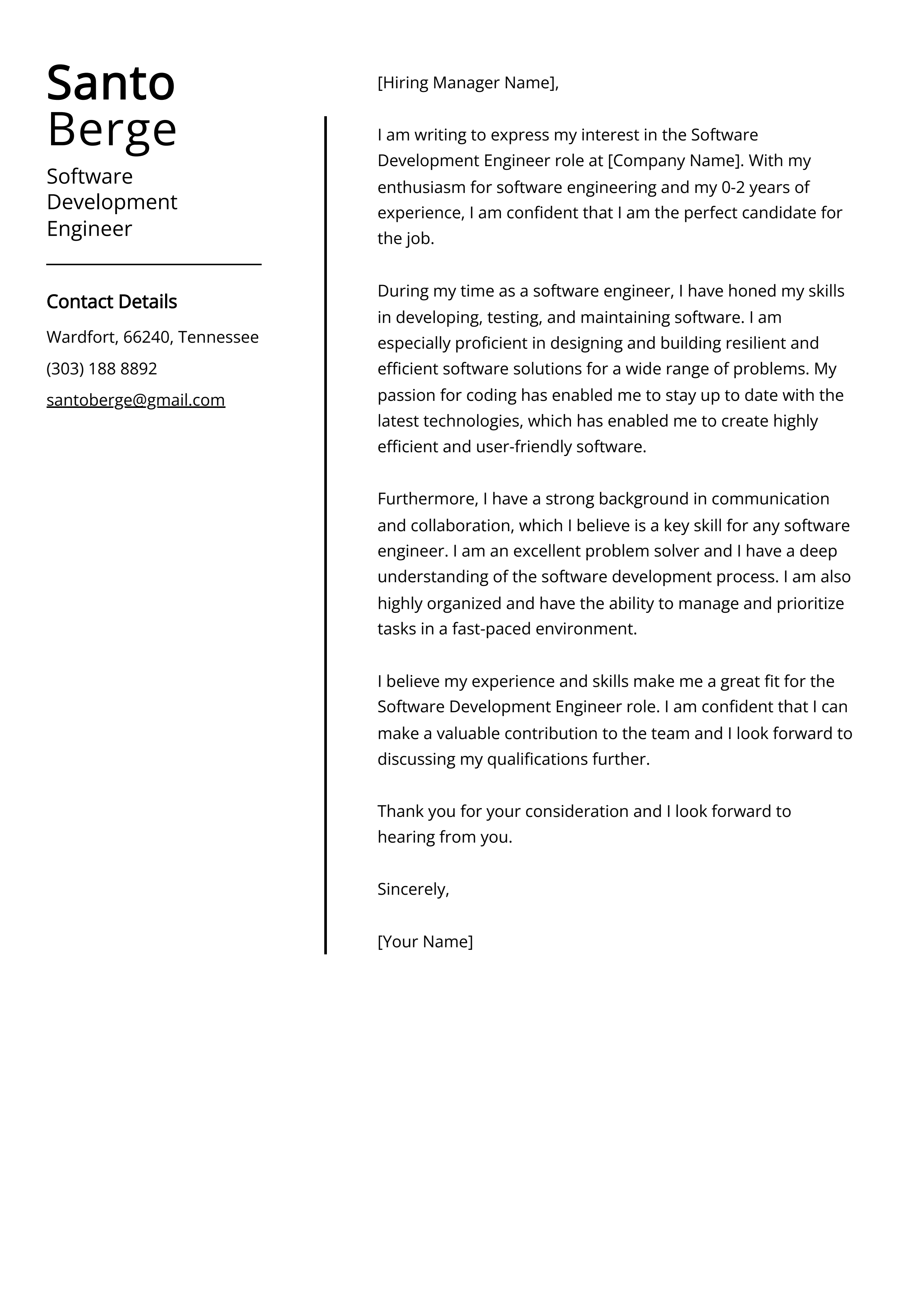 Software Development Engineer Cover Letter Example