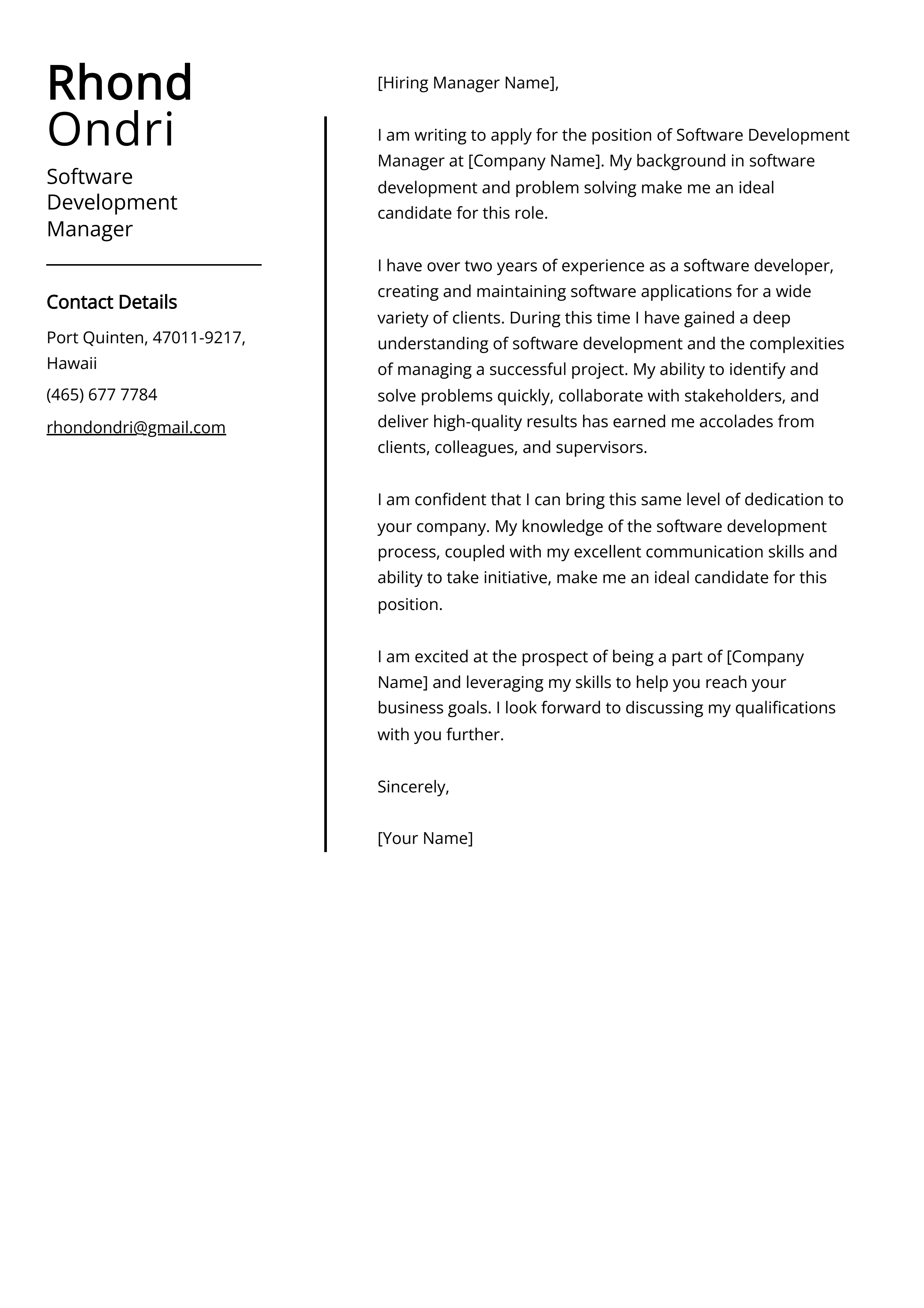 Software Development Manager Cover Letter Example