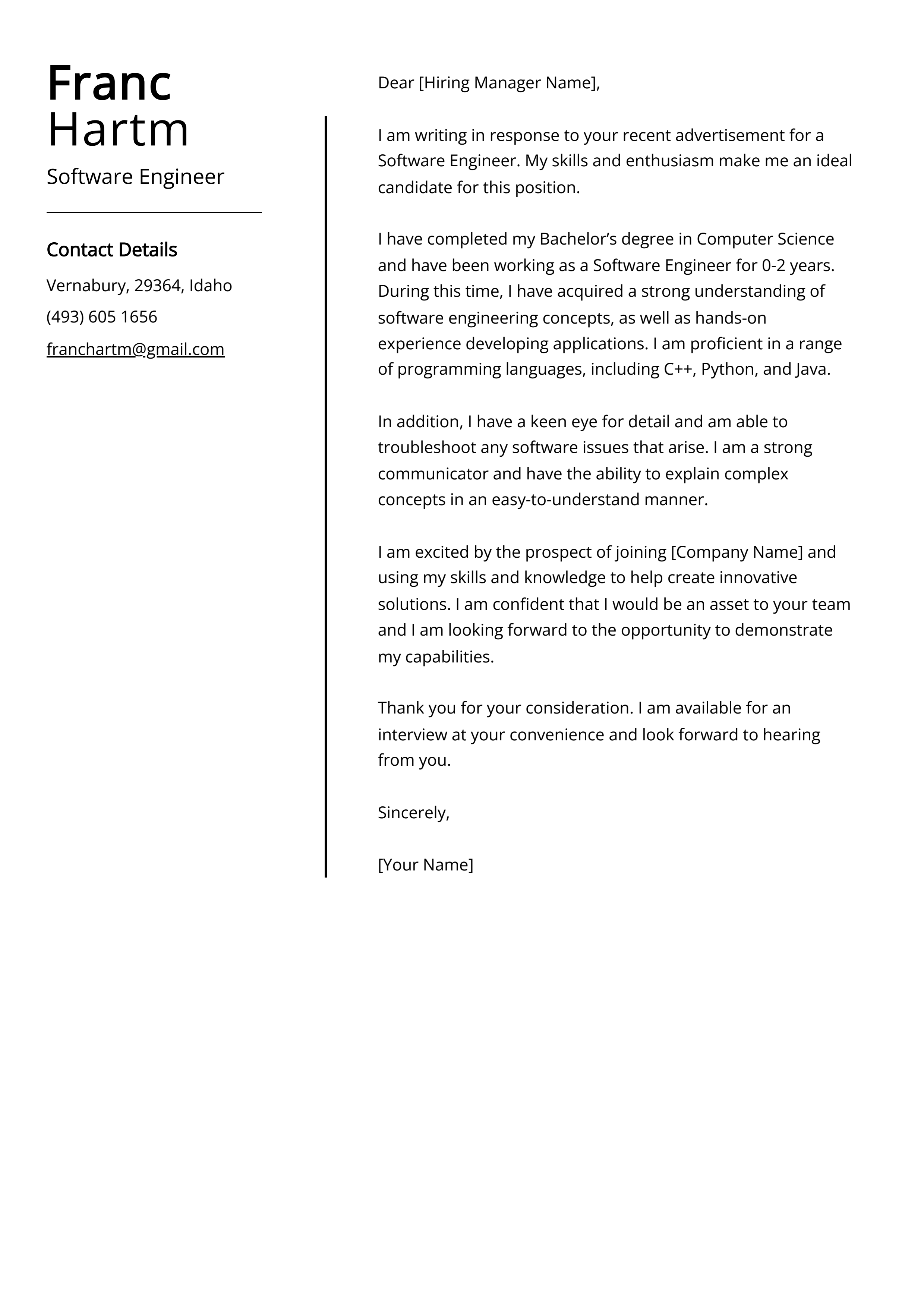 Experienced Software Engineer Cover Letter Example (Free Guide)