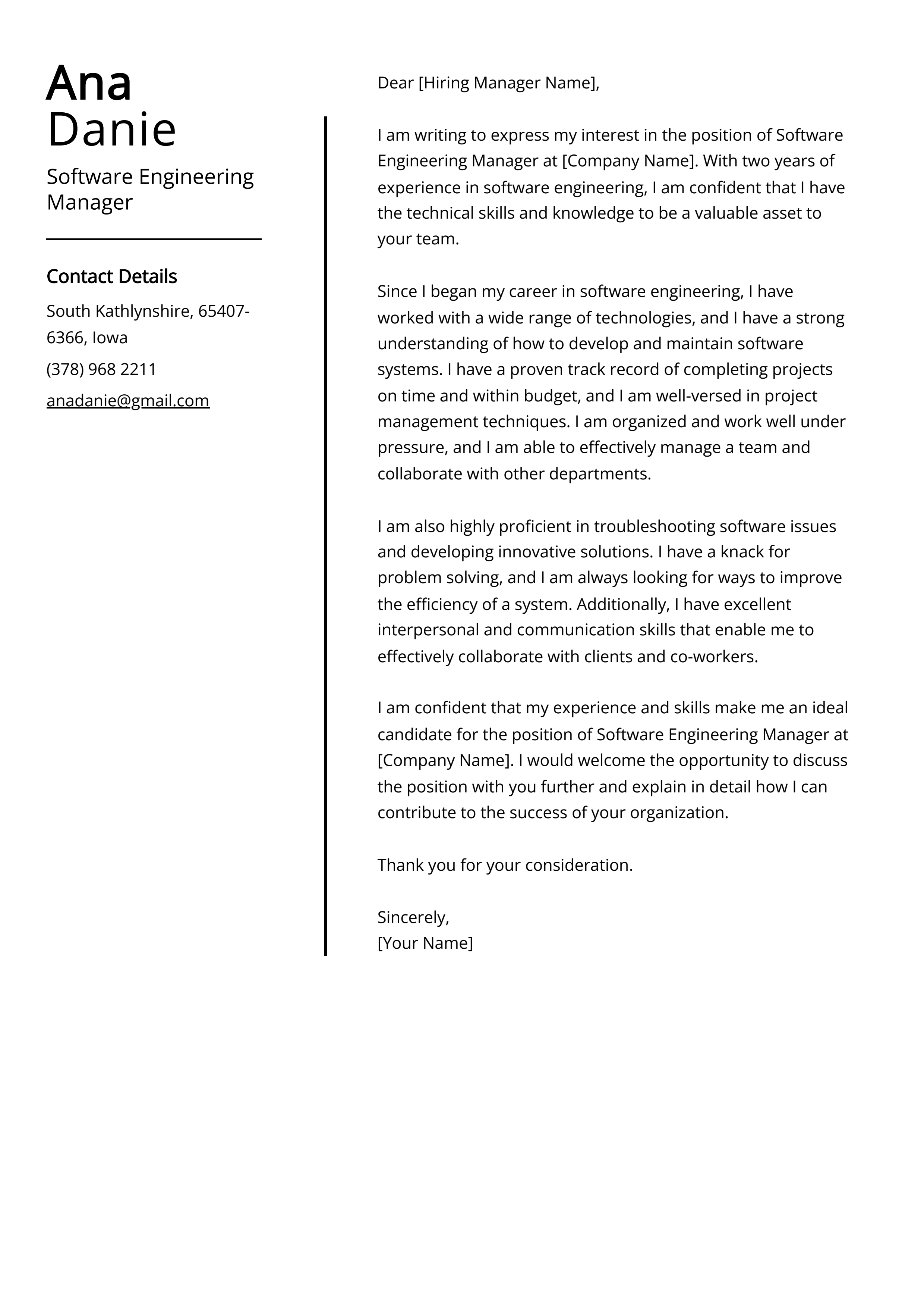 Software Engineering Manager Cover Letter Example