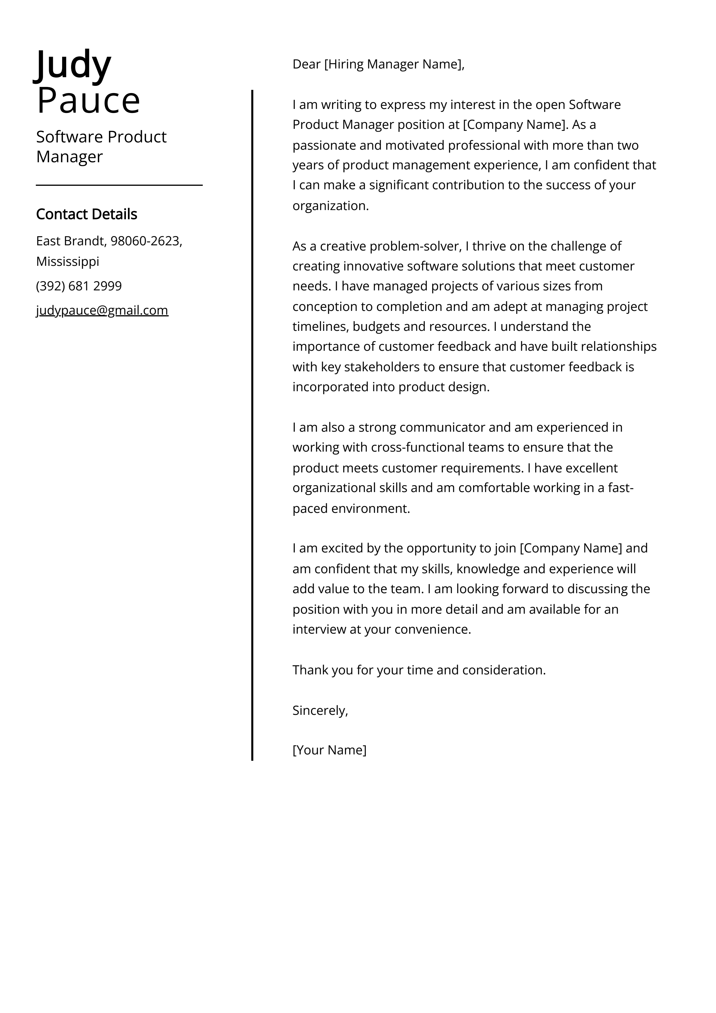 Software Product Manager Cover Letter Example