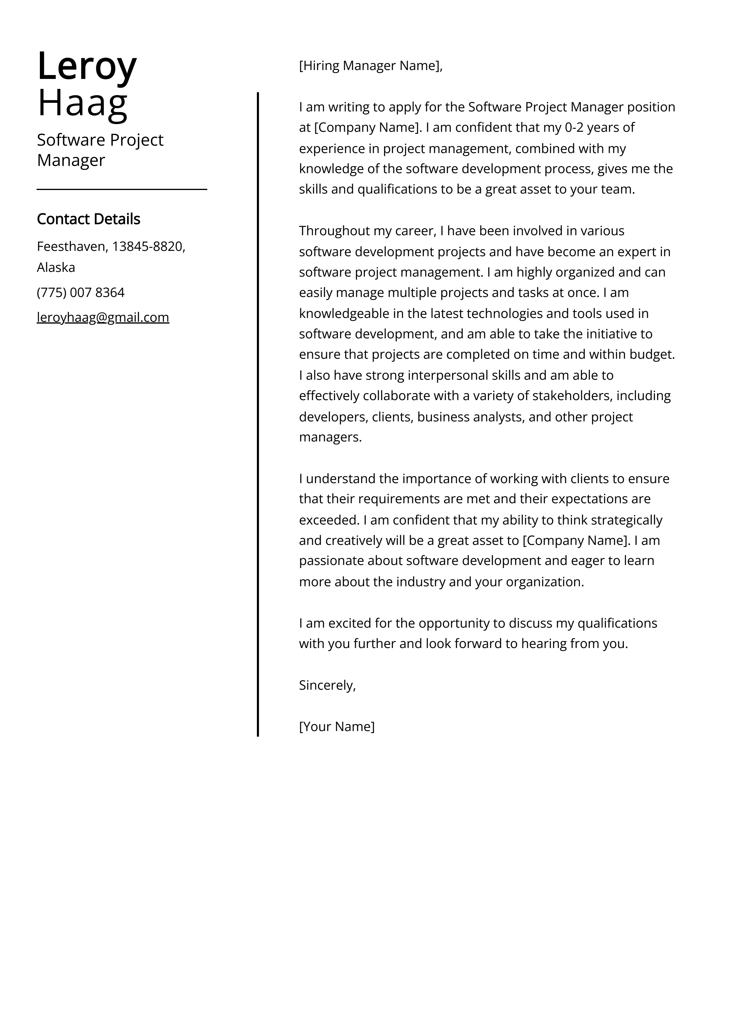 Software Project Manager Cover Letter Example