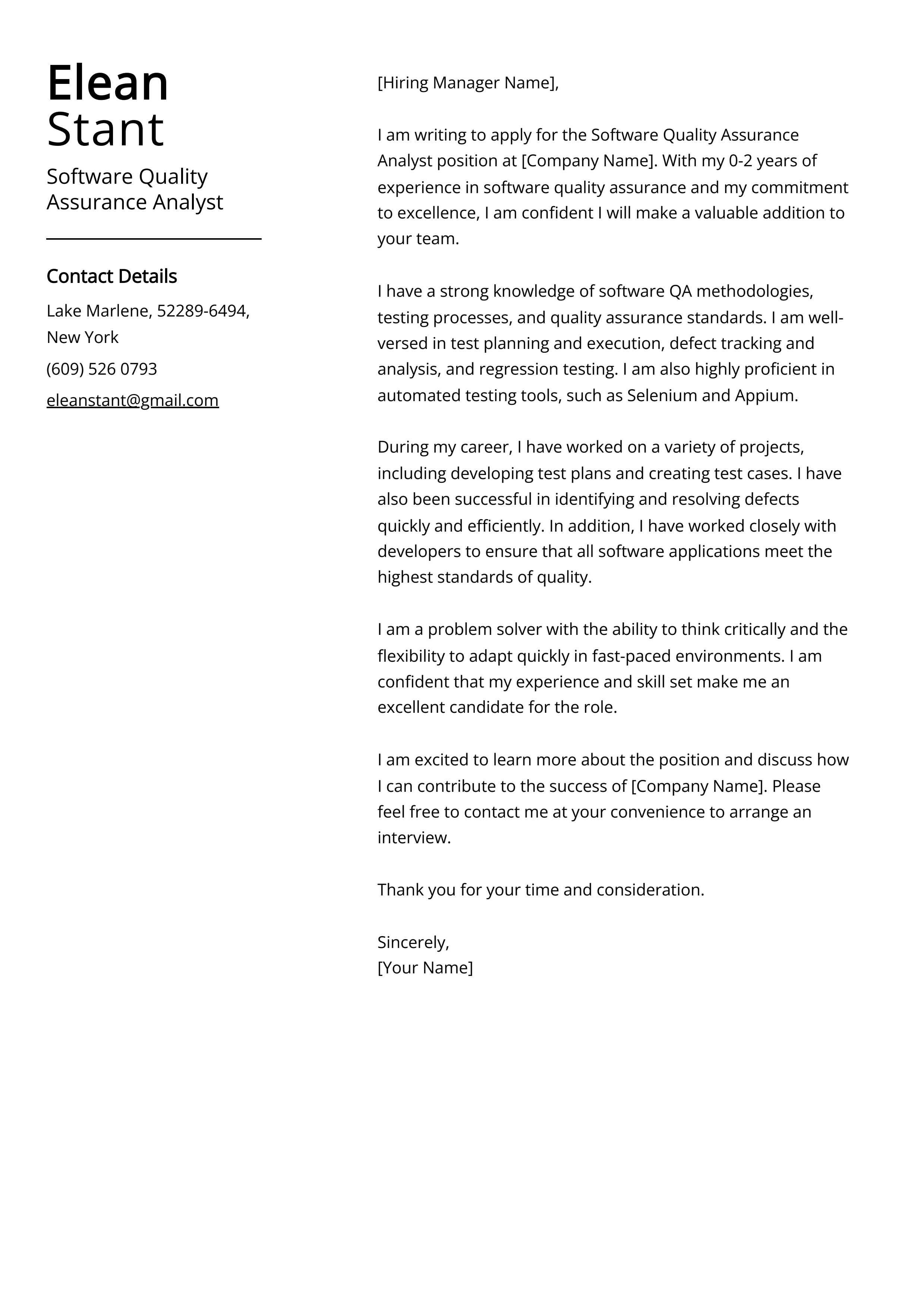Software Quality Assurance Analyst Cover Letter Example