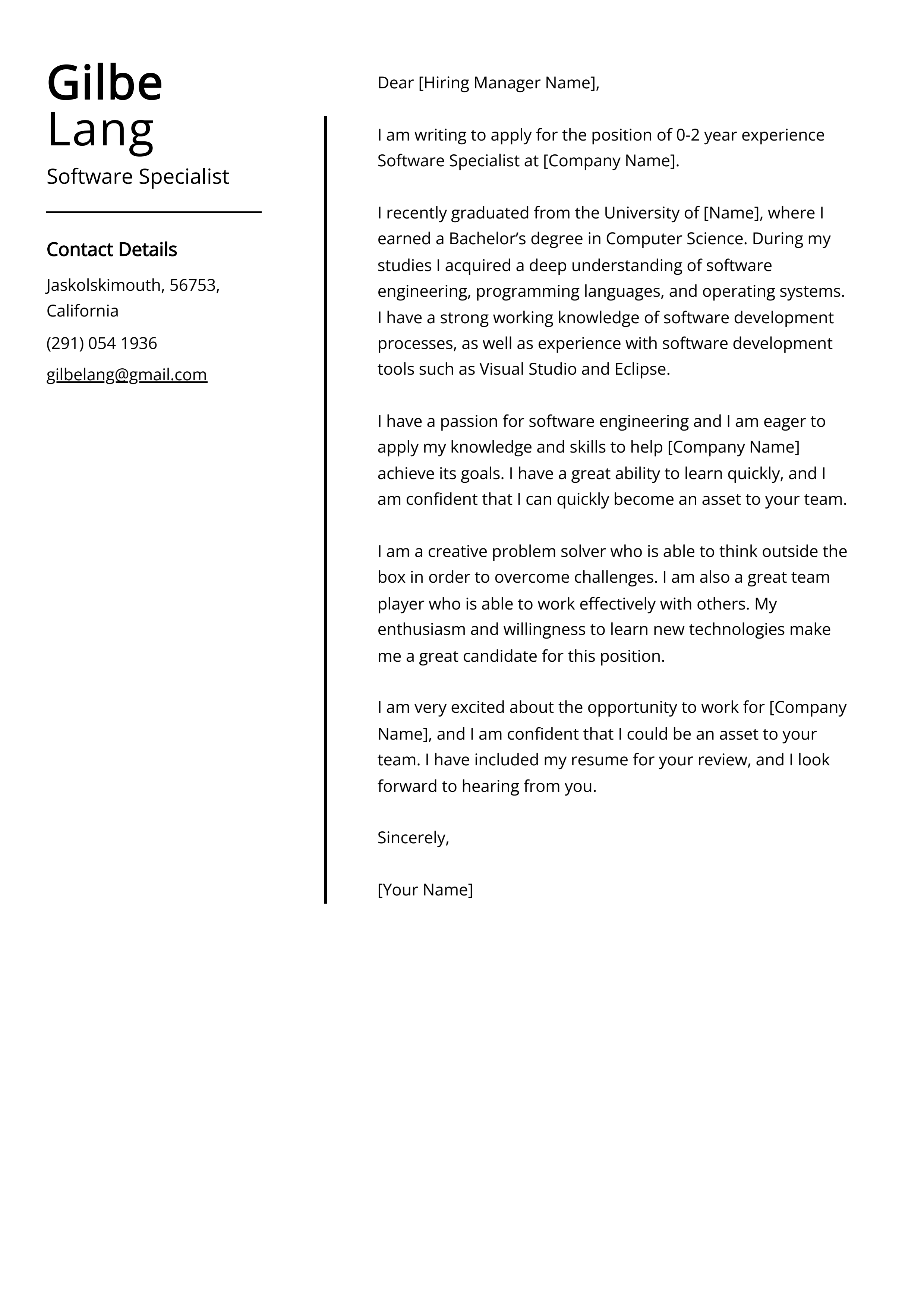 Software Specialist Cover Letter Example